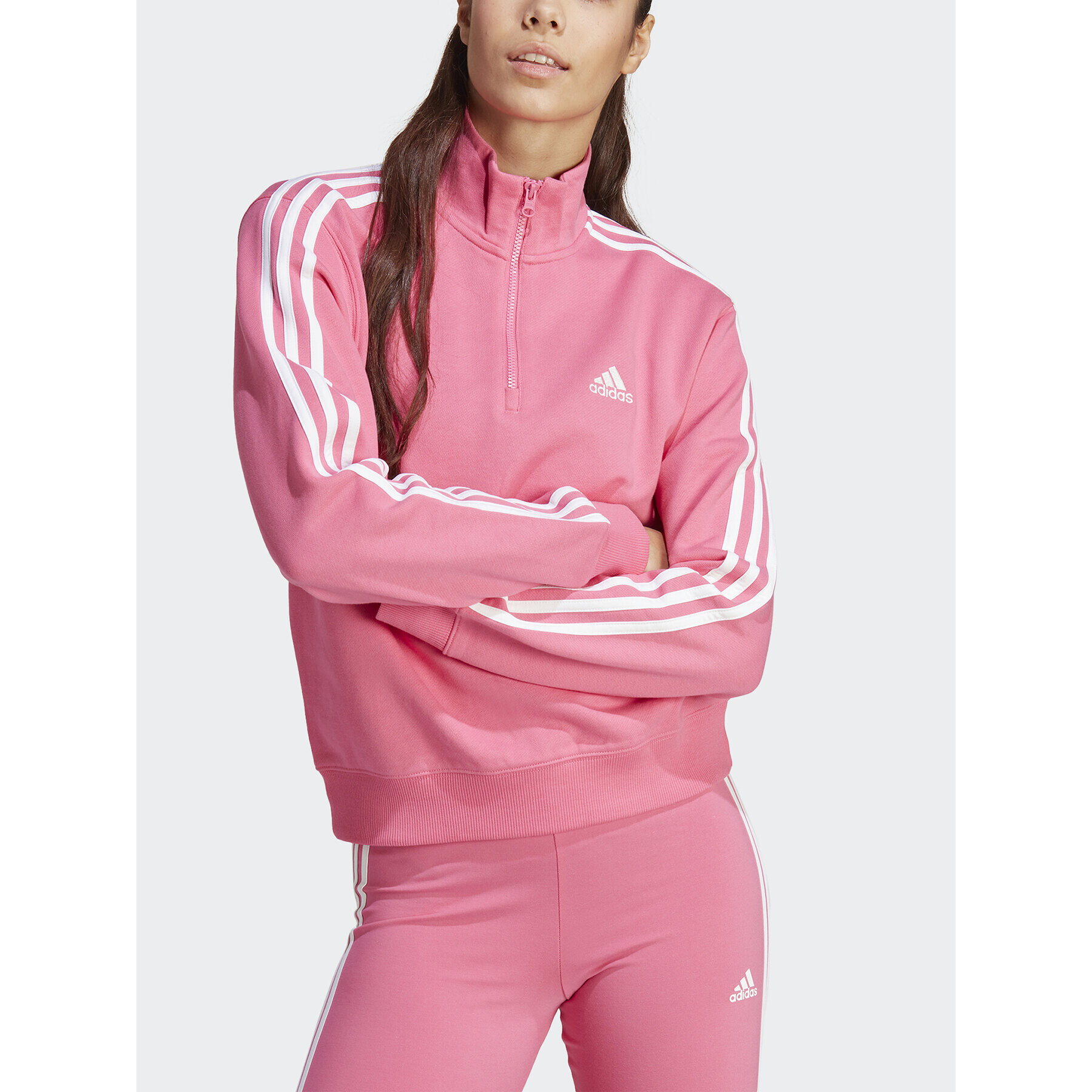 adidas Суитшърт Essentials 3-Stripes Quarter-Zip Sweatshirt IC9944 Розов Regular Fit - Pepit.bg