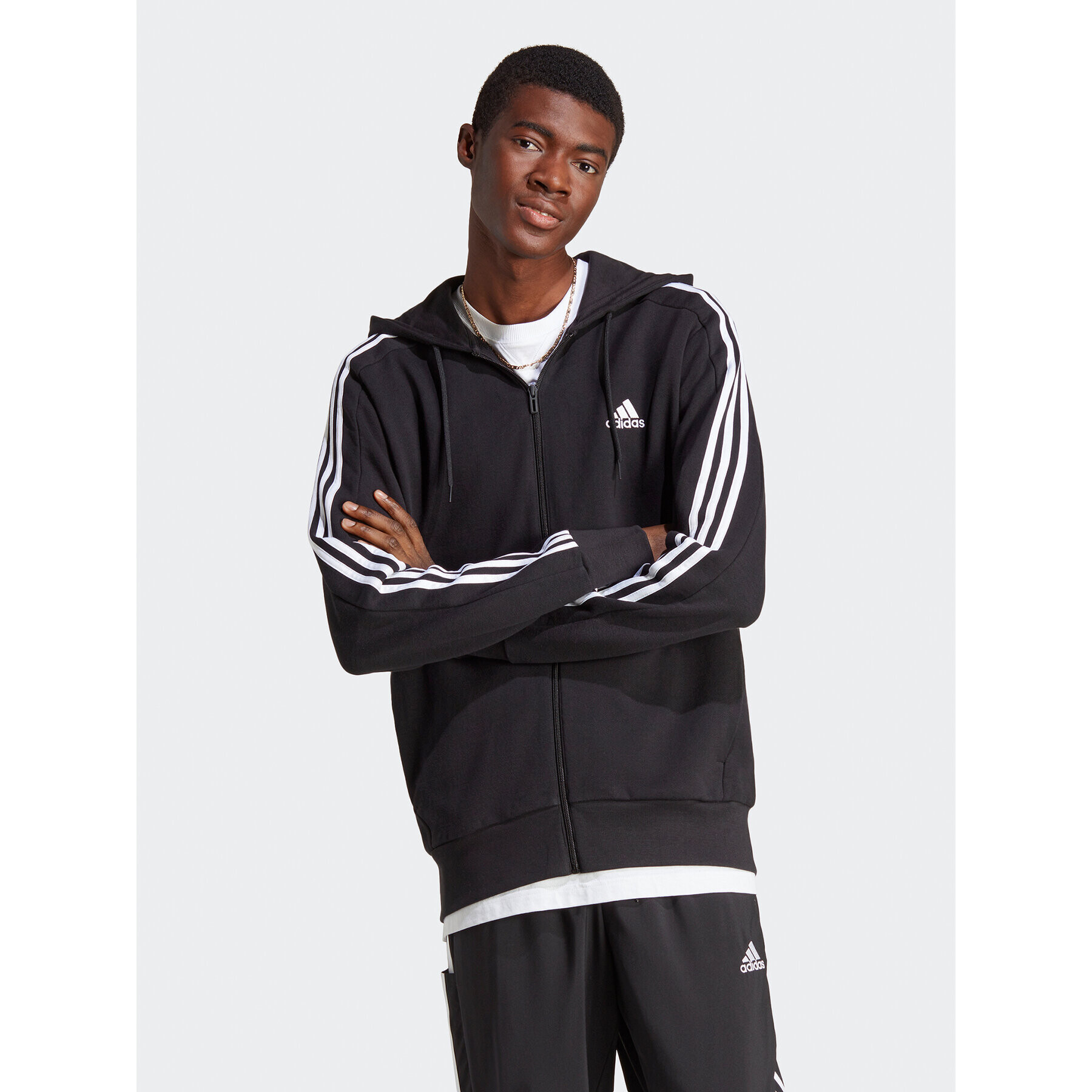 adidas Суитшърт Essentials French Terry 3-Stripes Full-Zip Hoodie IC0433 Черен Regular Fit - Pepit.bg