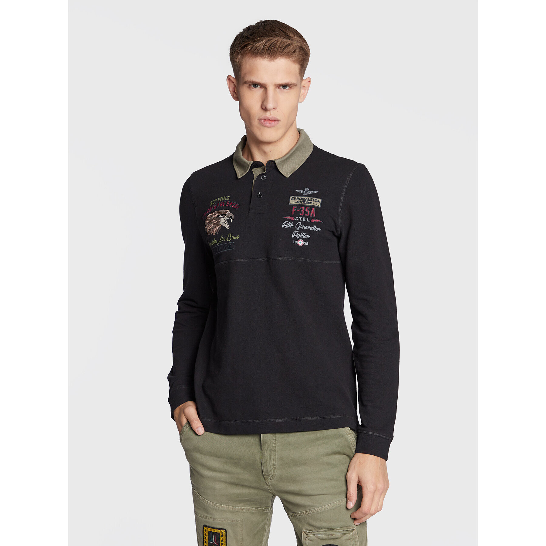 Aeronautica Militare Тениска с яка и копчета 222PO1645P306 Черен Regular Fit - Pepit.bg