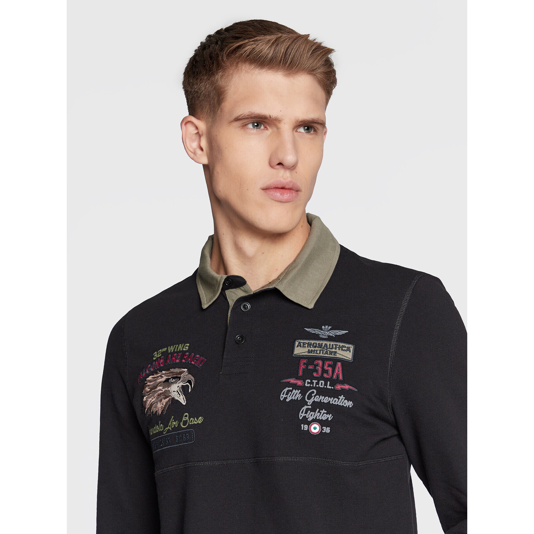 Aeronautica Militare Тениска с яка и копчета 222PO1645P306 Черен Regular Fit - Pepit.bg