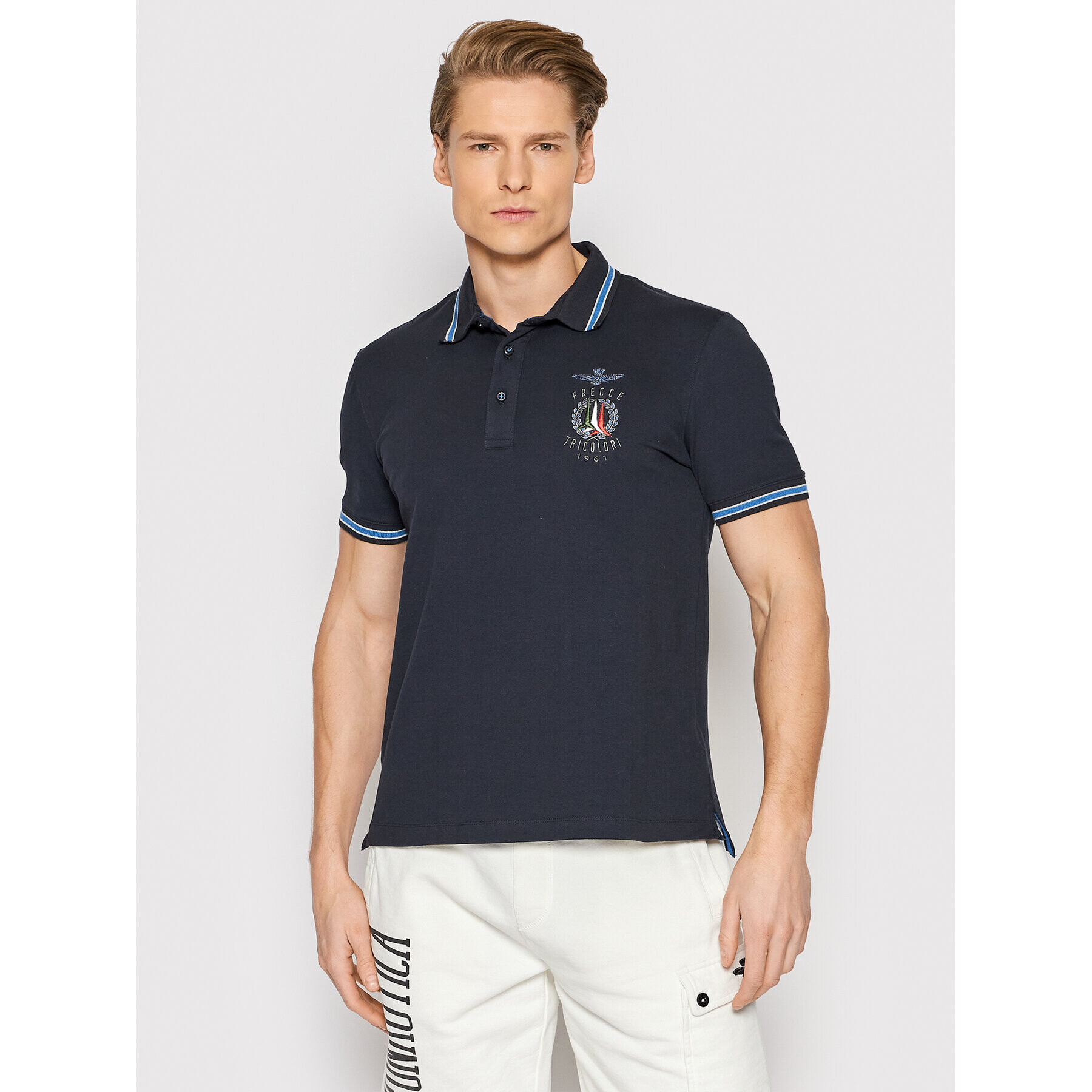 Aeronautica Militare Тениска с яка и копчета 221PO1599P191 Тъмносин Slim Fit - Pepit.bg