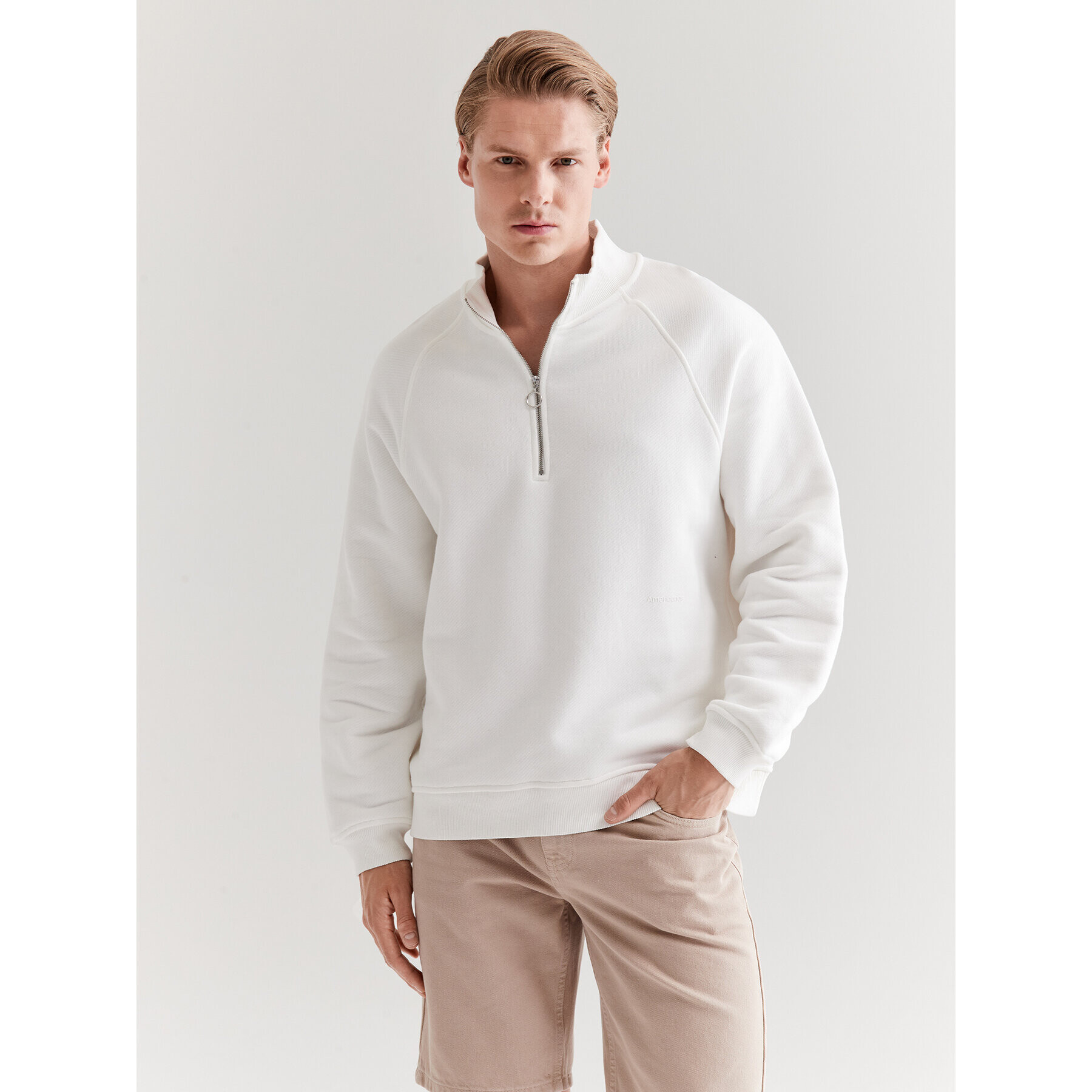 Americanos Суитшърт Unisex Seatle Half-Zip Бял Relaxed Fit - Pepit.bg