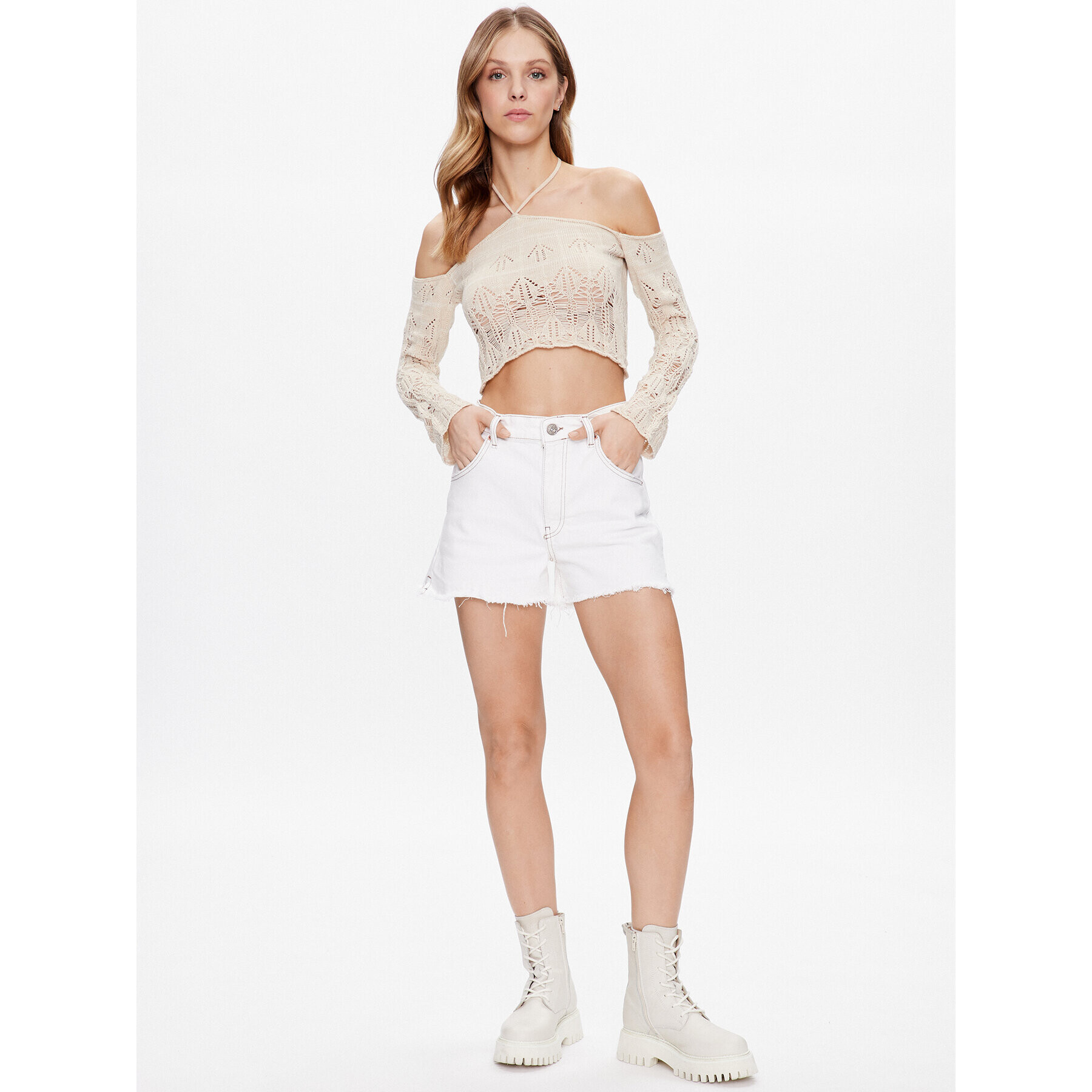 BDG Urban Outfitters Пуловер BDG LADDERED HALTER NECK 76469477 Бежов Cropped Fit - Pepit.bg