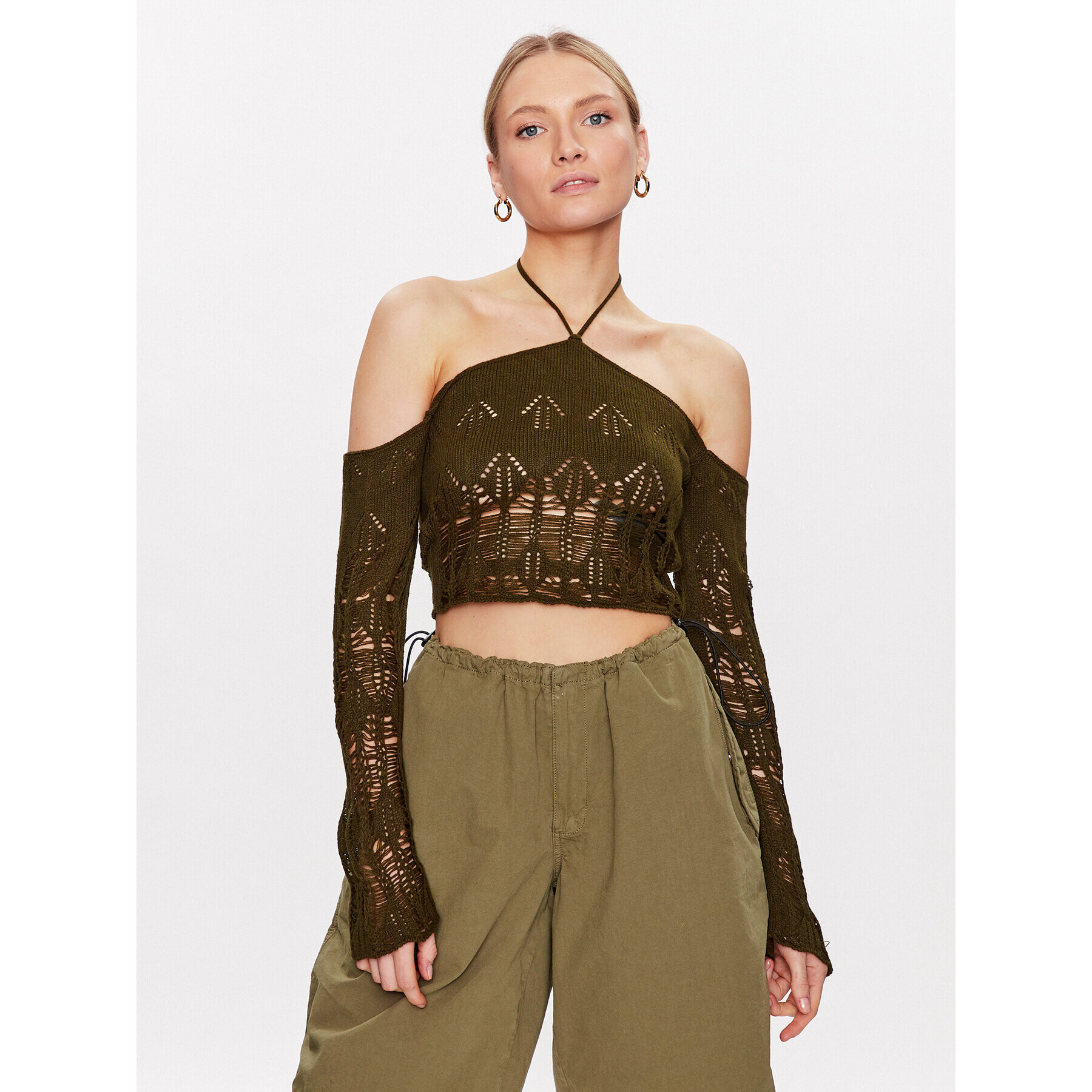 BDG Urban Outfitters Пуловер BDG LADDERED HALTER NECK 76469477 Каки Cropped Fit - Pepit.bg