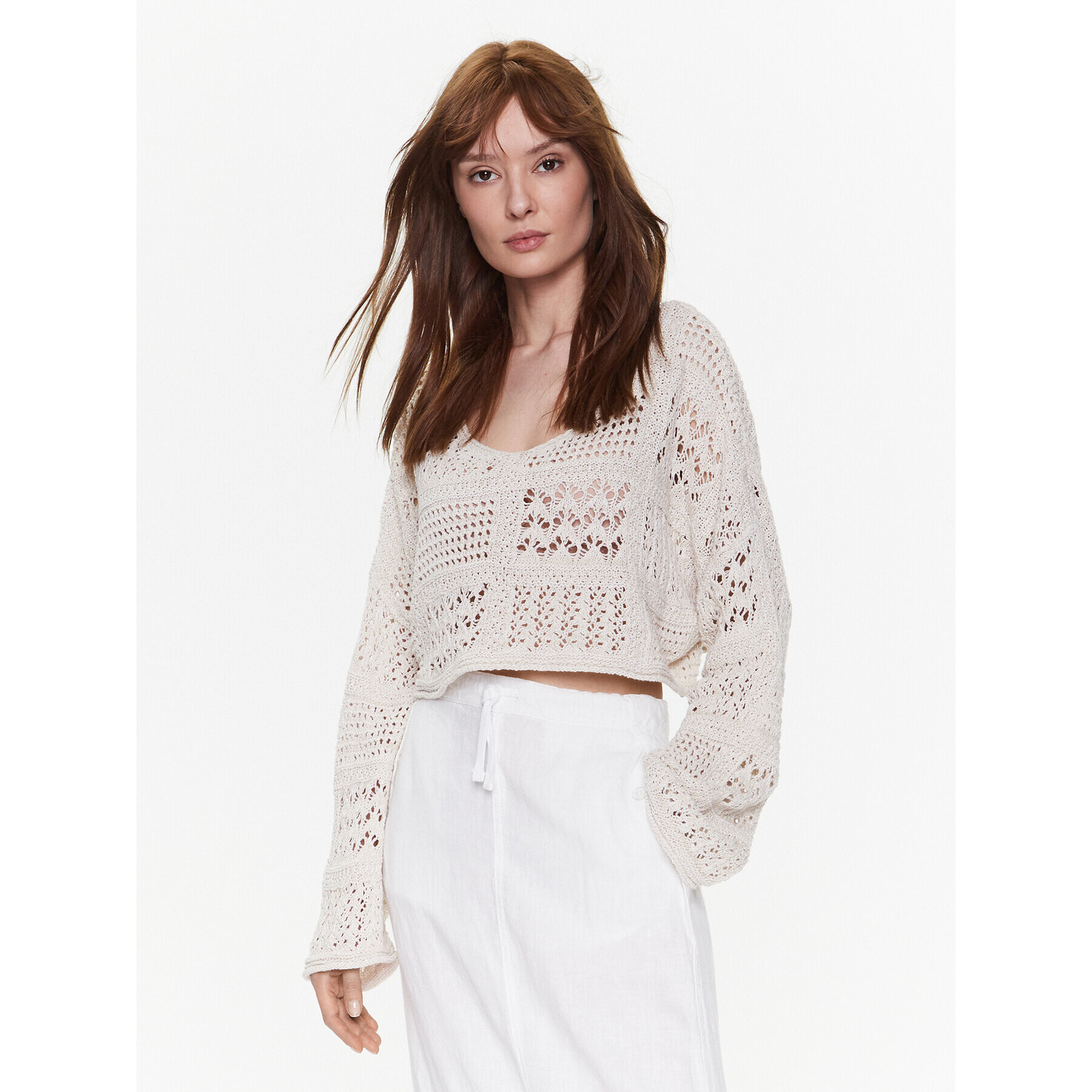 BDG Urban Outfitters Пуловер BDG MIX TEXTURE OPEN KNIT 76469063 Бежов Cropped Fit - Pepit.bg