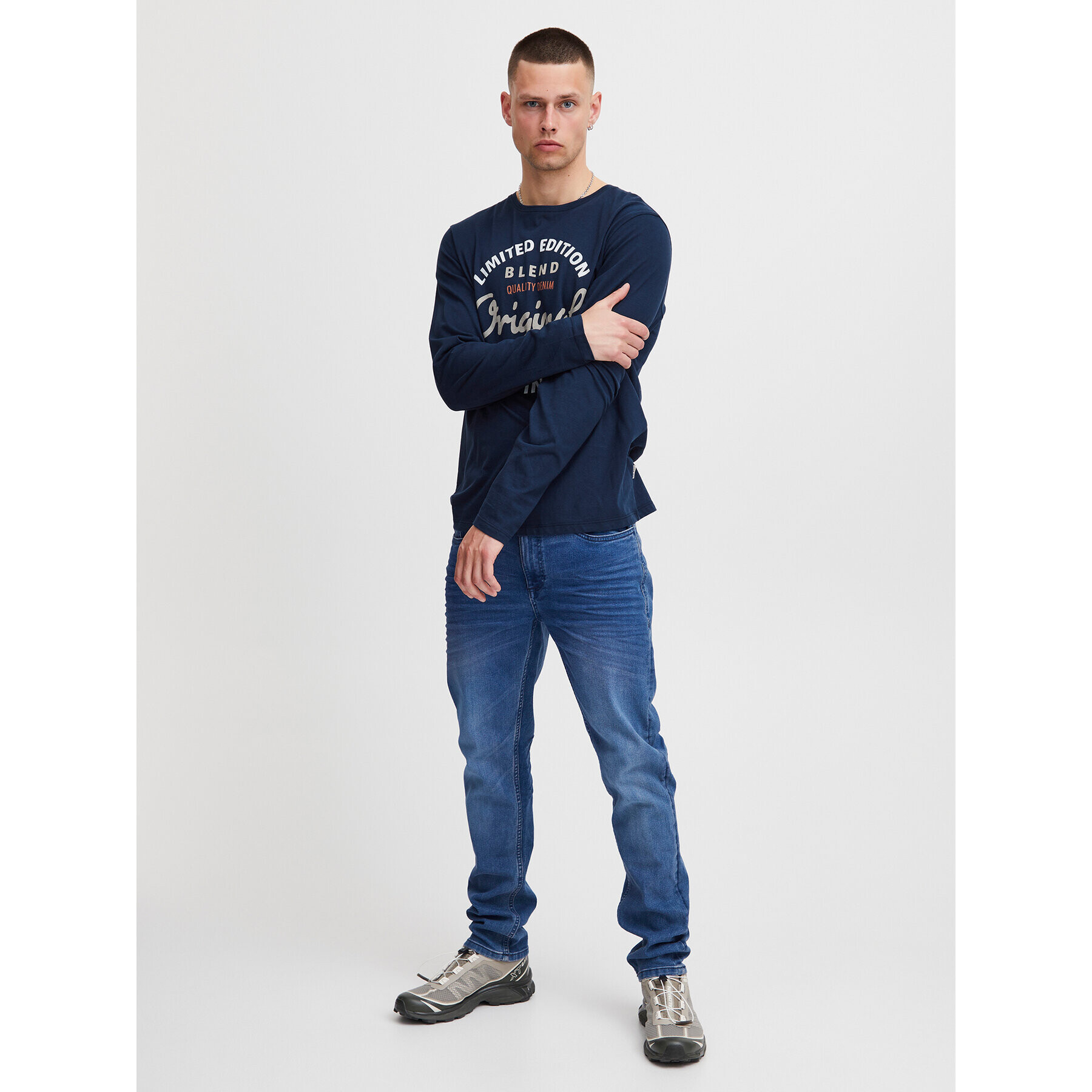 Blend Тениска с дълъг ръкав 20715771 Тъмносин Regular Fit - Pepit.bg