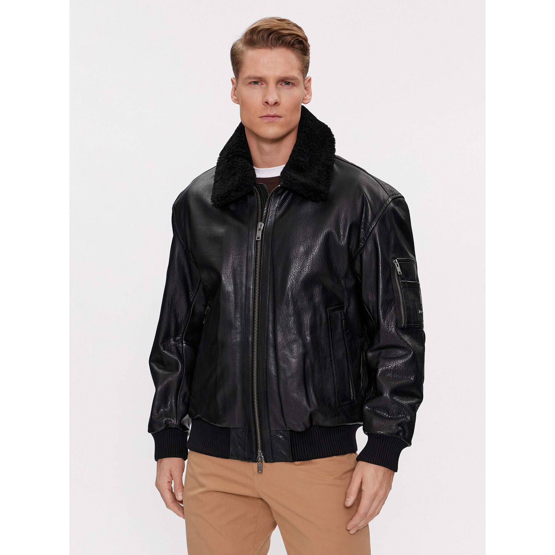 Boss Кожено яке Jolulu 50504095 Черен Relaxed Fit - Pepit.bg
