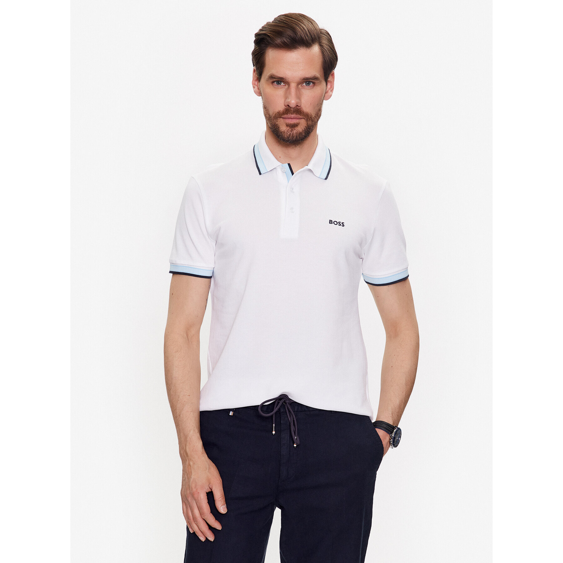 Boss Тениска с яка и копчета Paddy 50468983 Бял Regular Fit - Pepit.bg