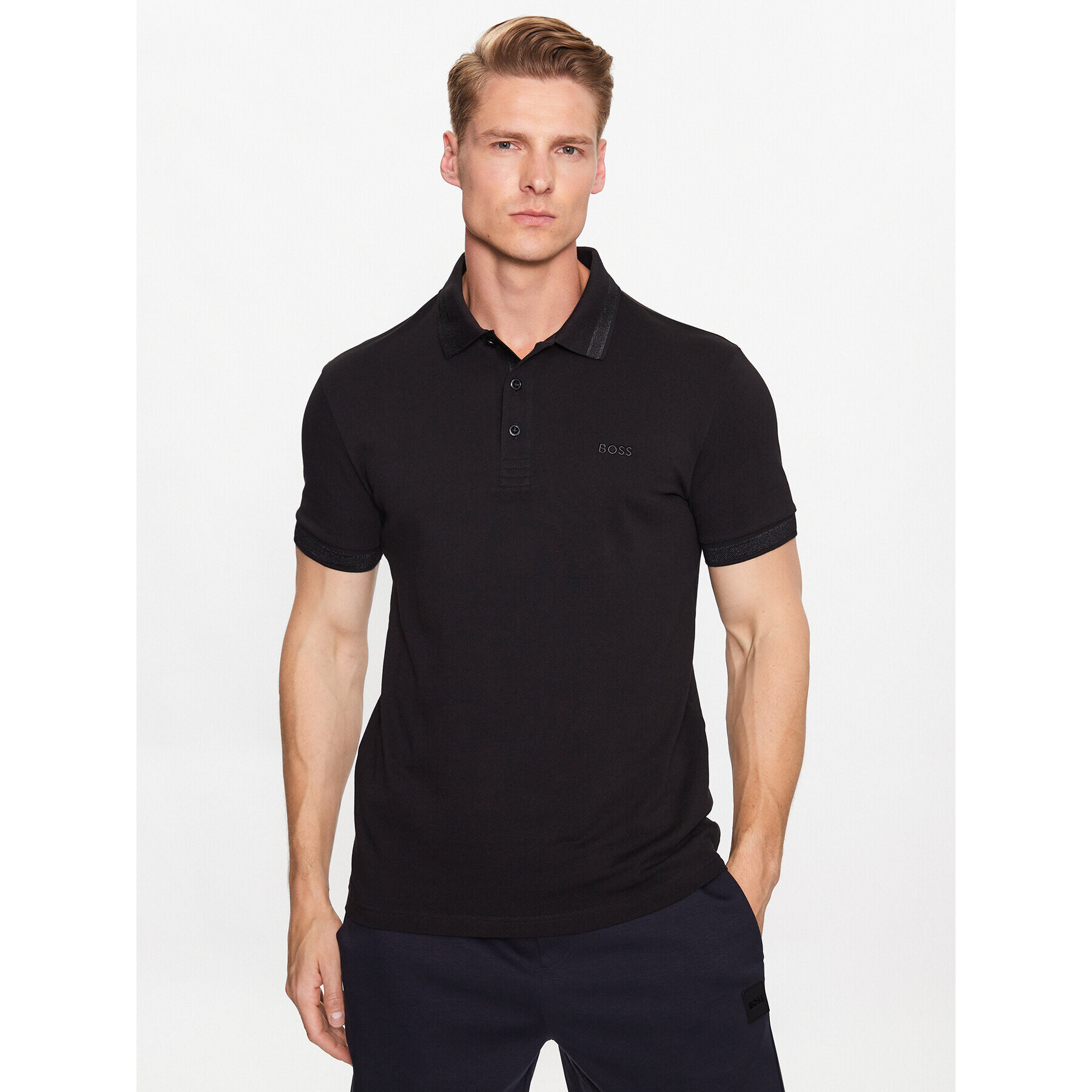 Boss Тениска с яка и копчета 50468983 Черен Regular Fit - Pepit.bg