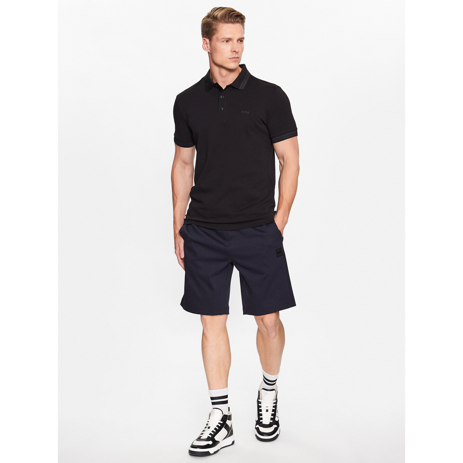 Boss Тениска с яка и копчета 50468983 Черен Regular Fit - Pepit.bg