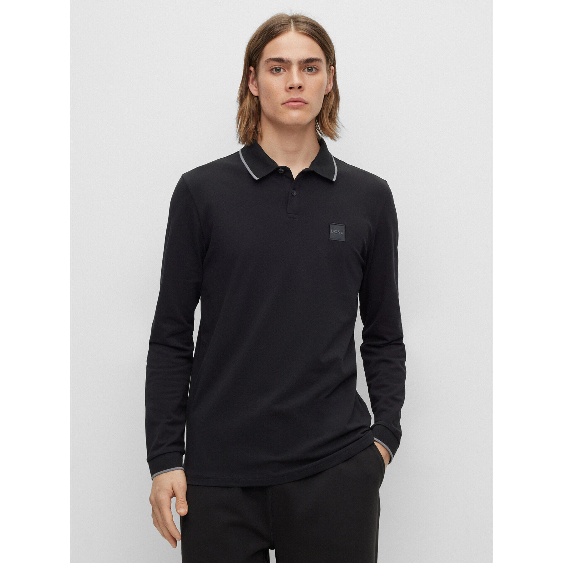 Boss Тениска с яка и копчета 50484860 Черен Regular Fit - Pepit.bg