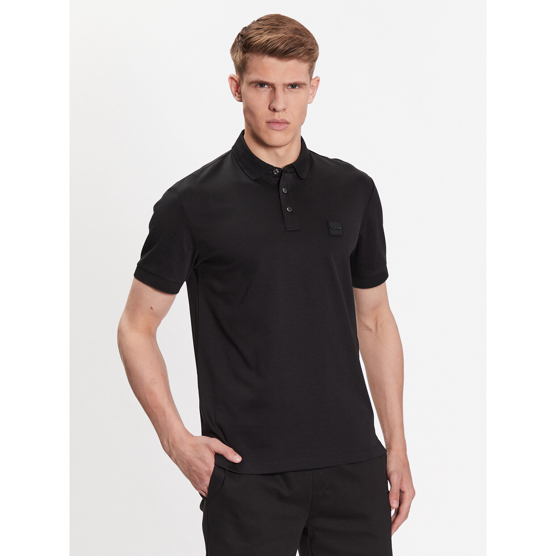 Boss Тениска с яка и копчета 50486953 Черен Regular Fit - Pepit.bg