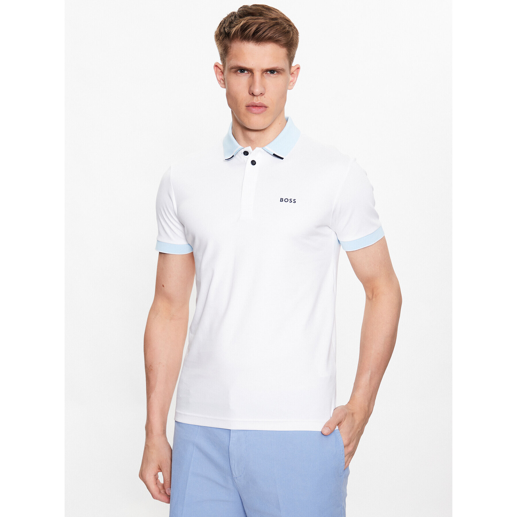 Boss Тениска с яка и копчета 50488259 Бял Regular Fit - Pepit.bg