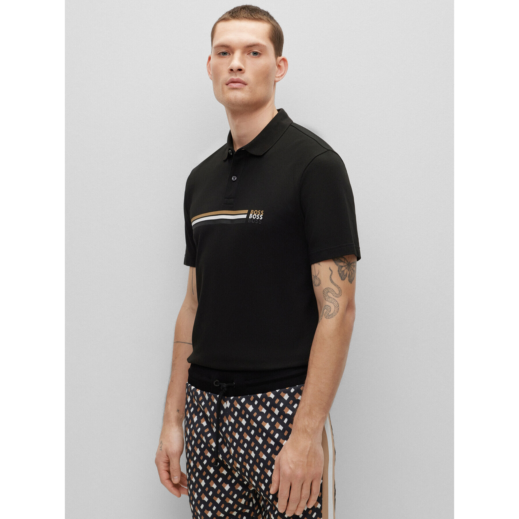 Boss Тениска с яка и копчета 50488266 Черен Regular Fit - Pepit.bg