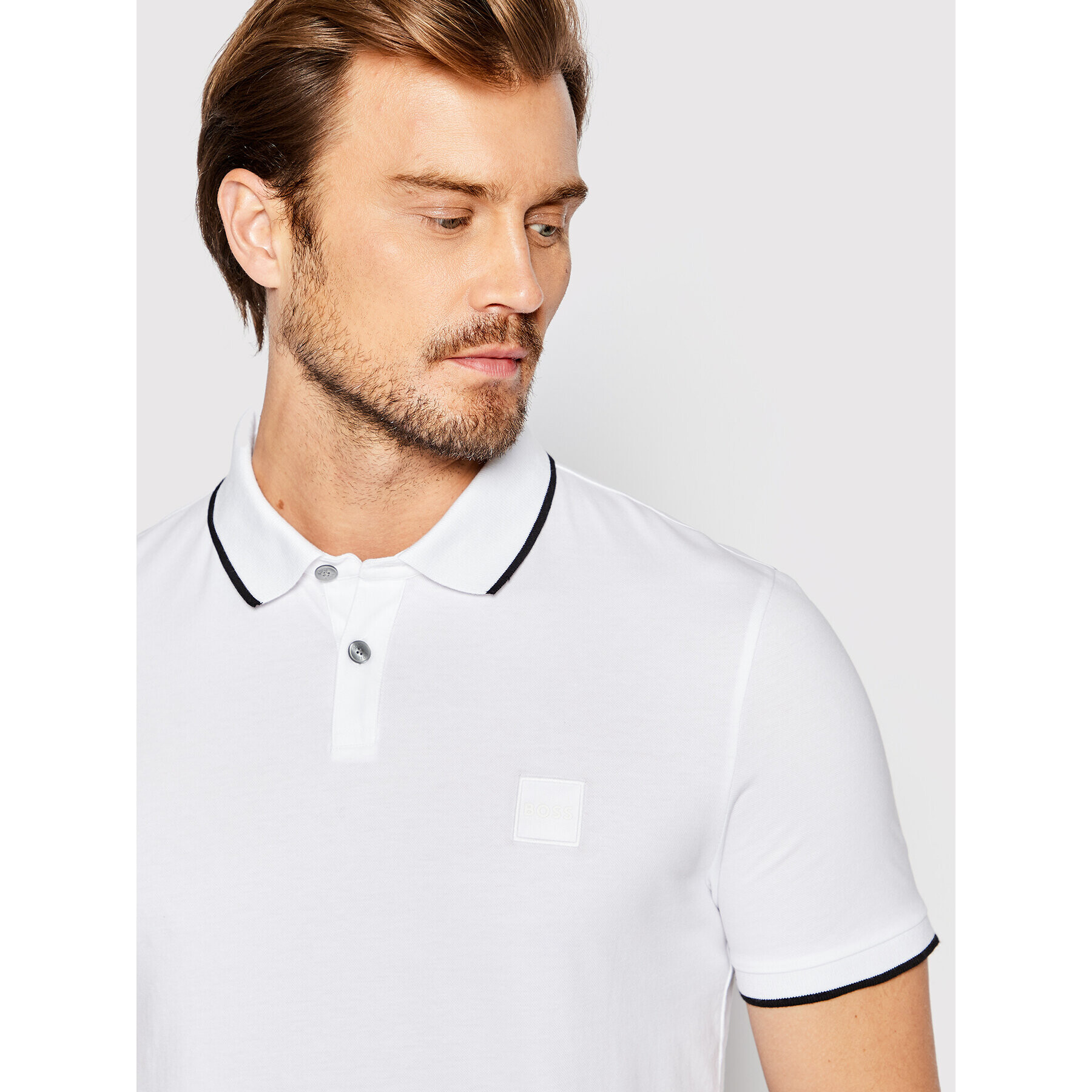 Boss Тениска с яка и копчета Passertip 50472665 Бял Regular Fit - Pepit.bg