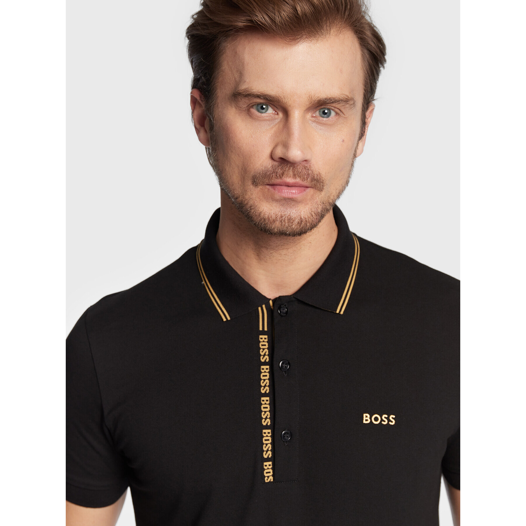 Boss Тениска с яка и копчета Paule 4 50469391 Черен Slim Fit - Pepit.bg