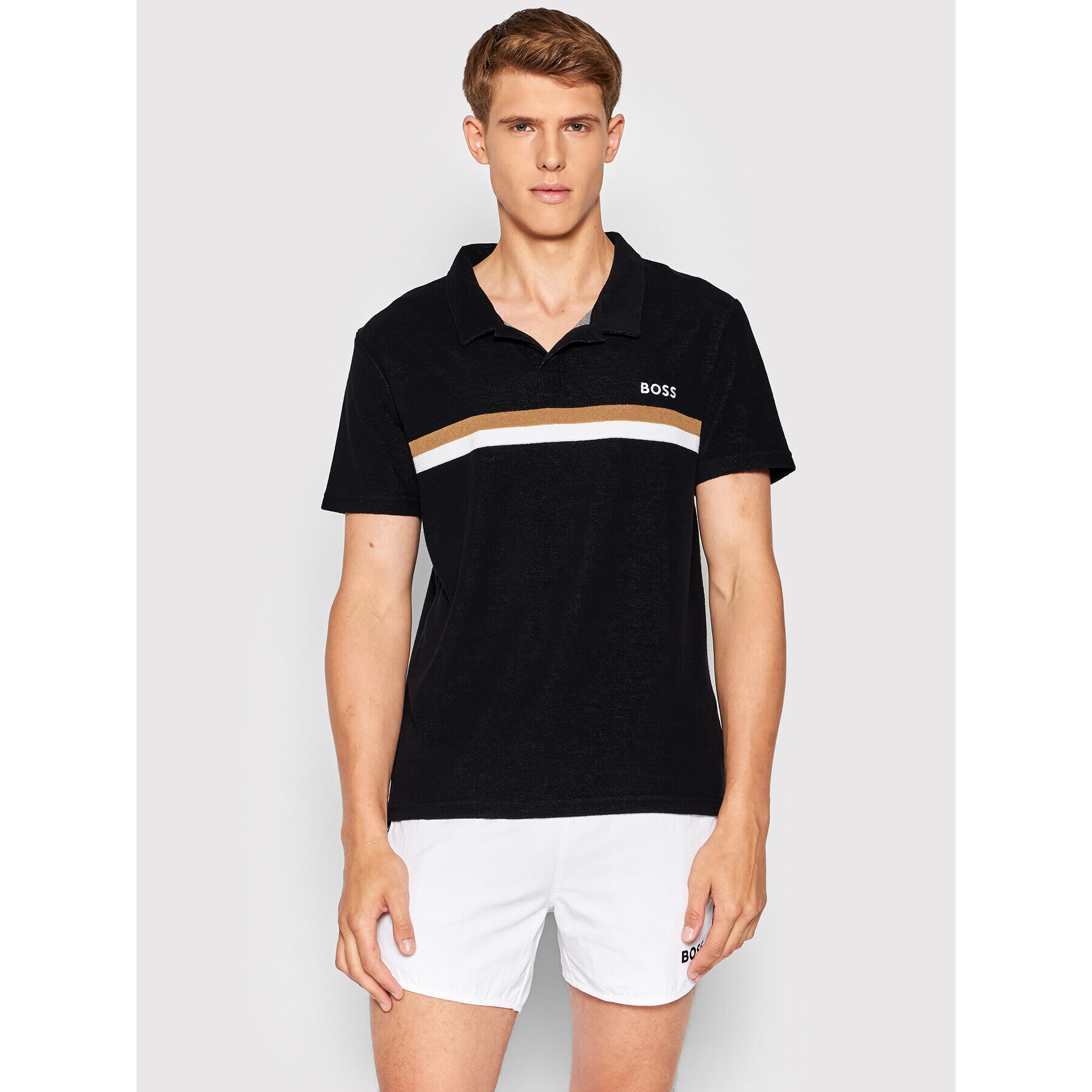 Boss Тениска с яка и копчета Terry 50469317 Черен Regular Fit - Pepit.bg