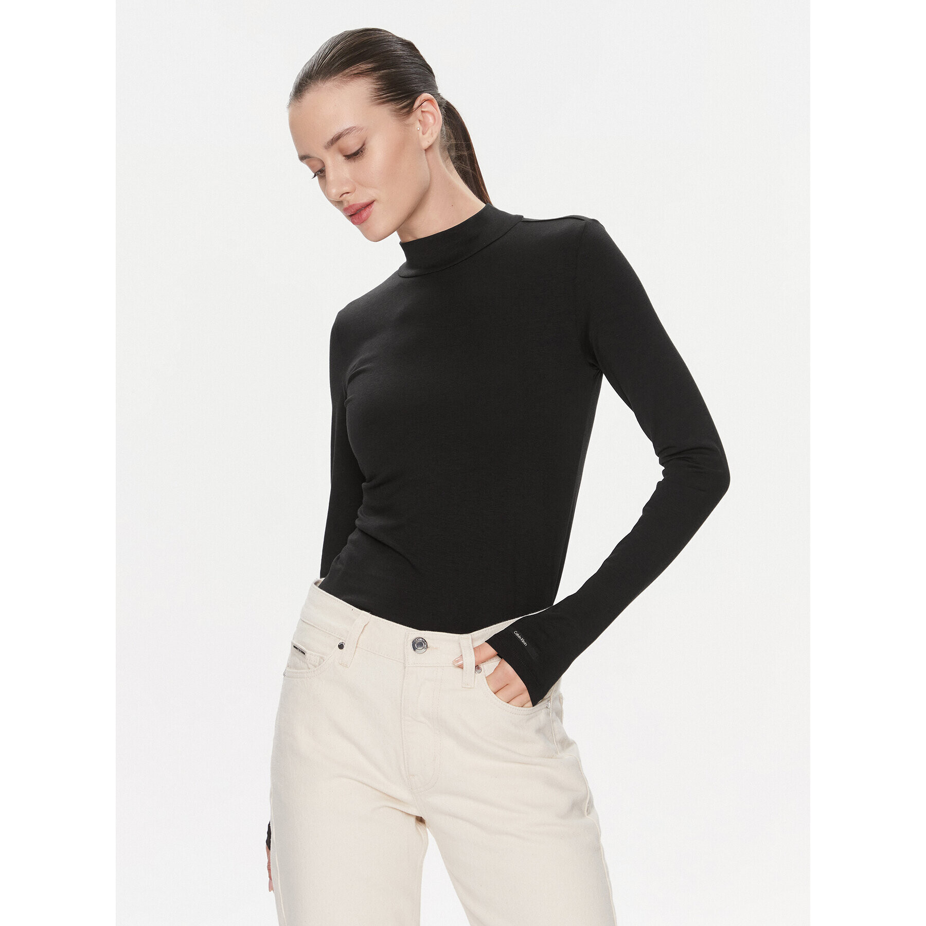 Calvin Klein Блуза Cotton Modal Mock Neck Ls Top K20K206484 Черен Slim Fit - Pepit.bg