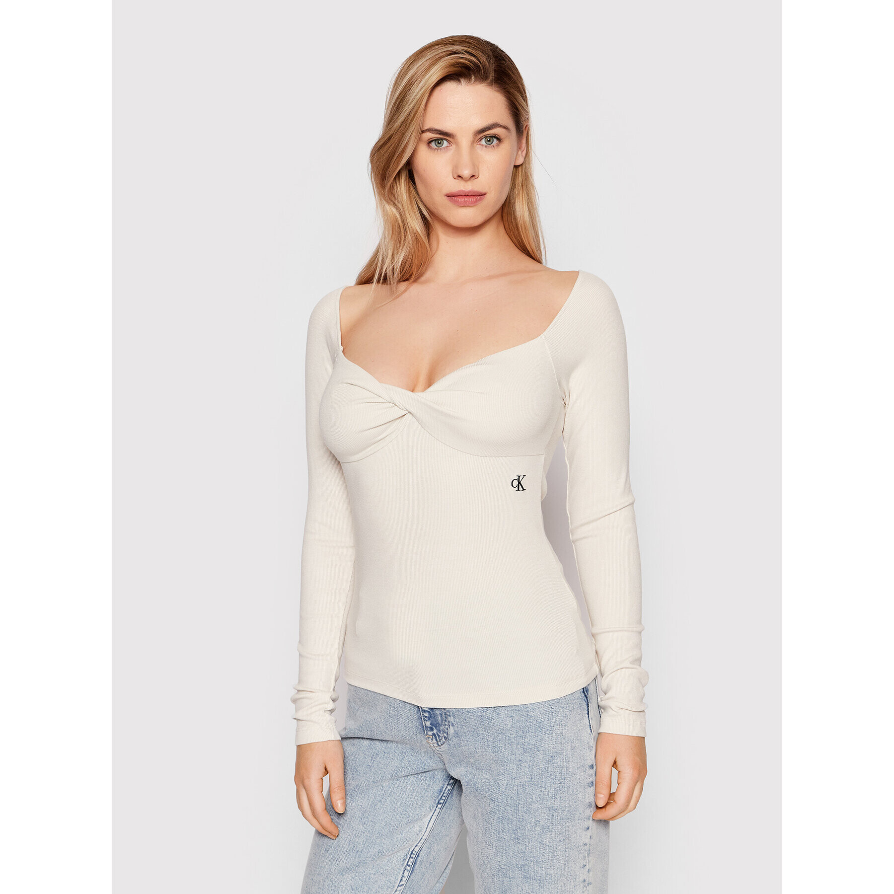 Calvin Klein Jeans Блуза J20J218327 Бежов Slim Fit - Pepit.bg
