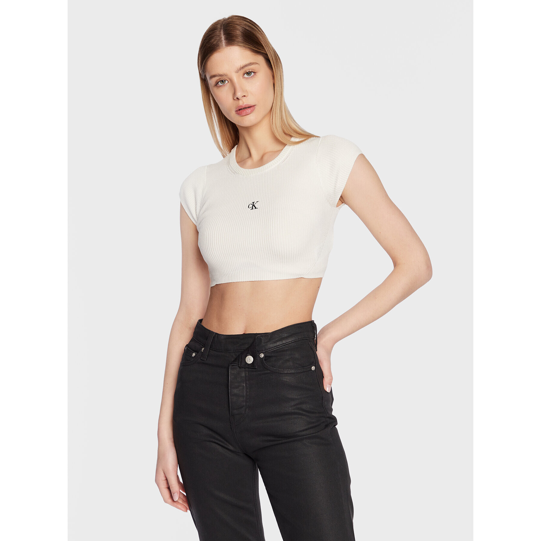 Calvin Klein Jeans Блуза J20J220709 Бял Cropped Fit - Pepit.bg