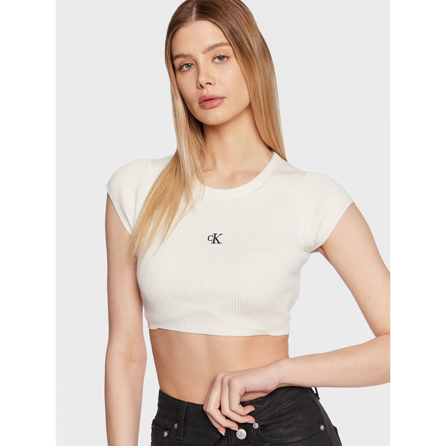 Calvin Klein Jeans Блуза J20J220709 Бял Cropped Fit - Pepit.bg