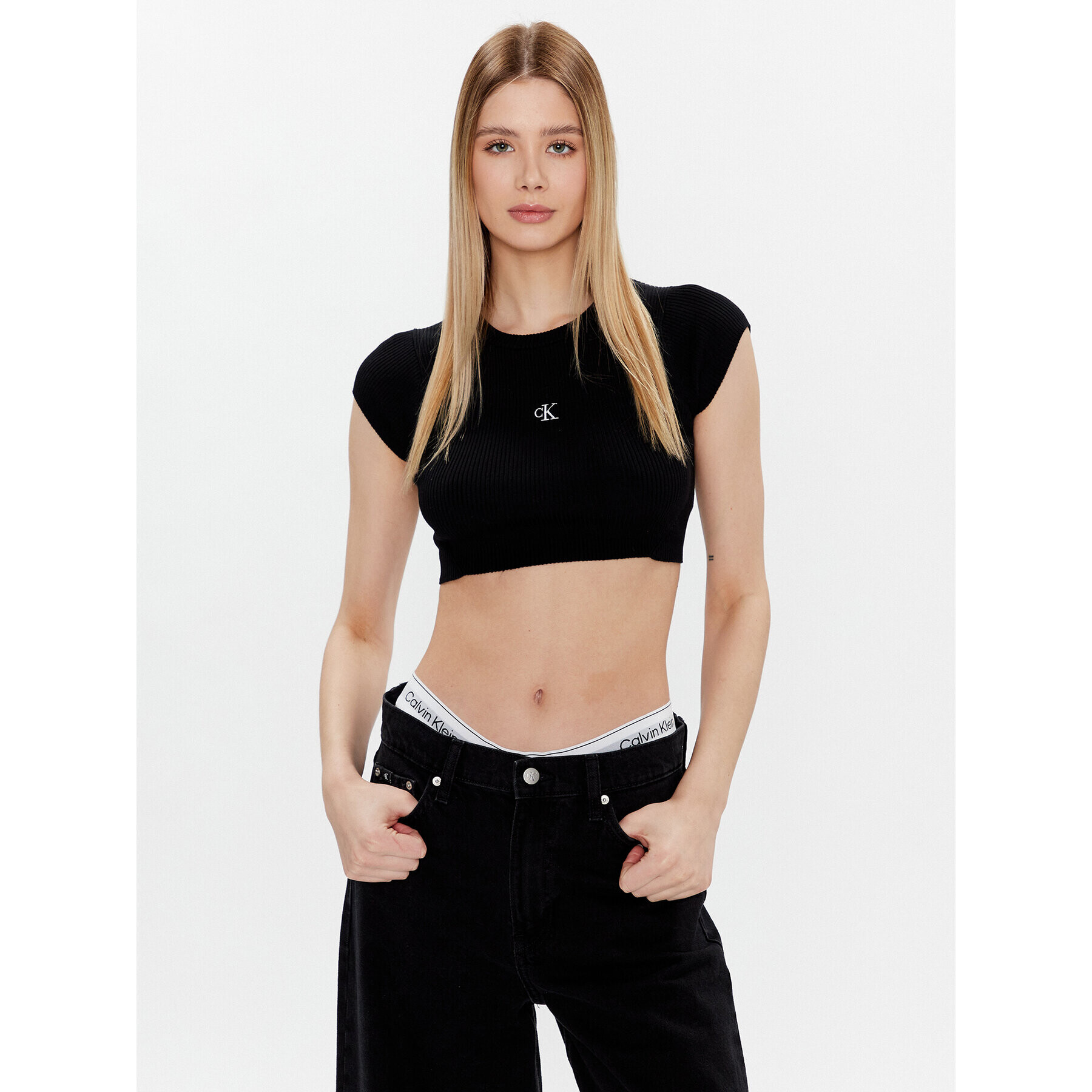 Calvin Klein Jeans Блуза J20J220709 Черен Slim Fit - Pepit.bg