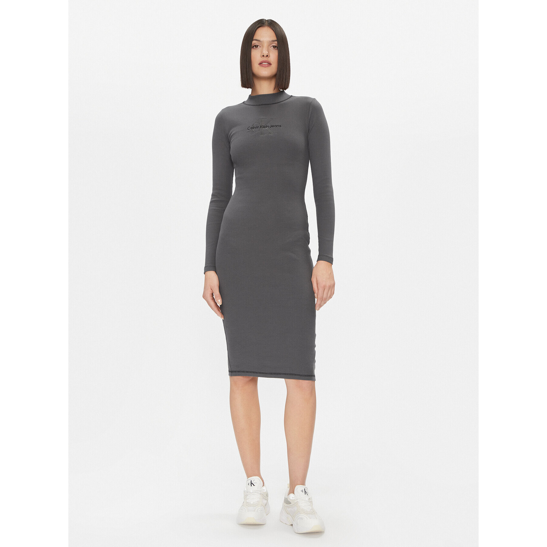 Calvin Klein Jeans Ежедневна рокля Hero Monologo Rib Ls Dress J20J222514 Черен Slim Fit - Pepit.bg