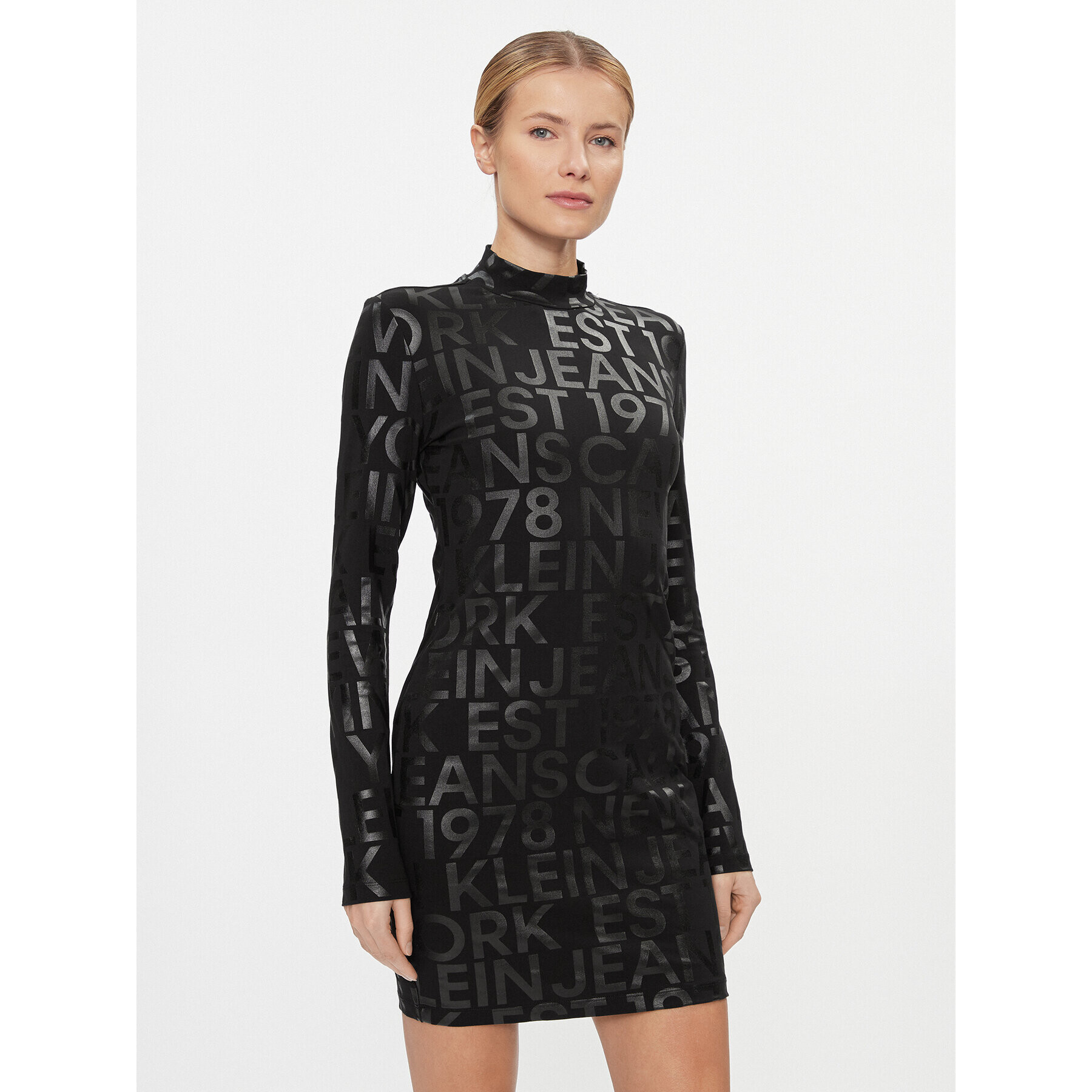 Calvin Klein Jeans Ежедневна рокля Logo Aop Long Sleeve Dress J20J222989 Черен Slim Fit - Pepit.bg