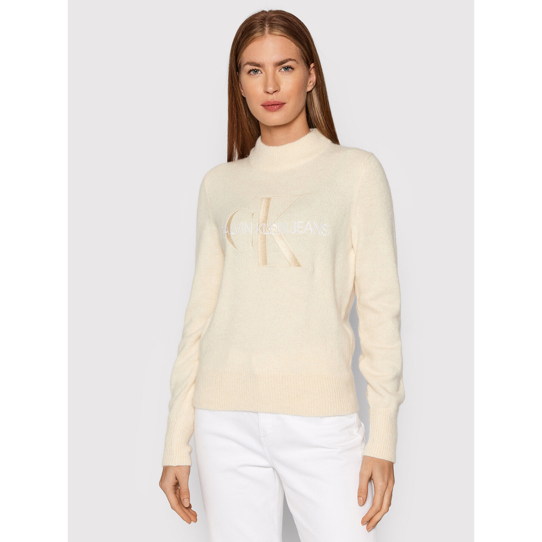 Calvin Klein Jeans Пуловер J20J216605 Бежов Regular Fit - Pepit.bg