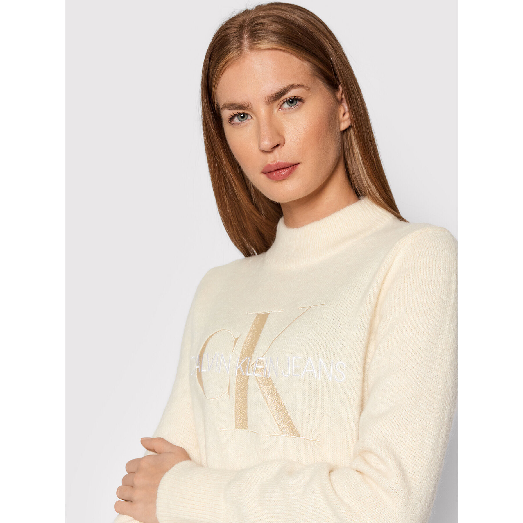 Calvin Klein Jeans Пуловер J20J216605 Бежов Regular Fit - Pepit.bg