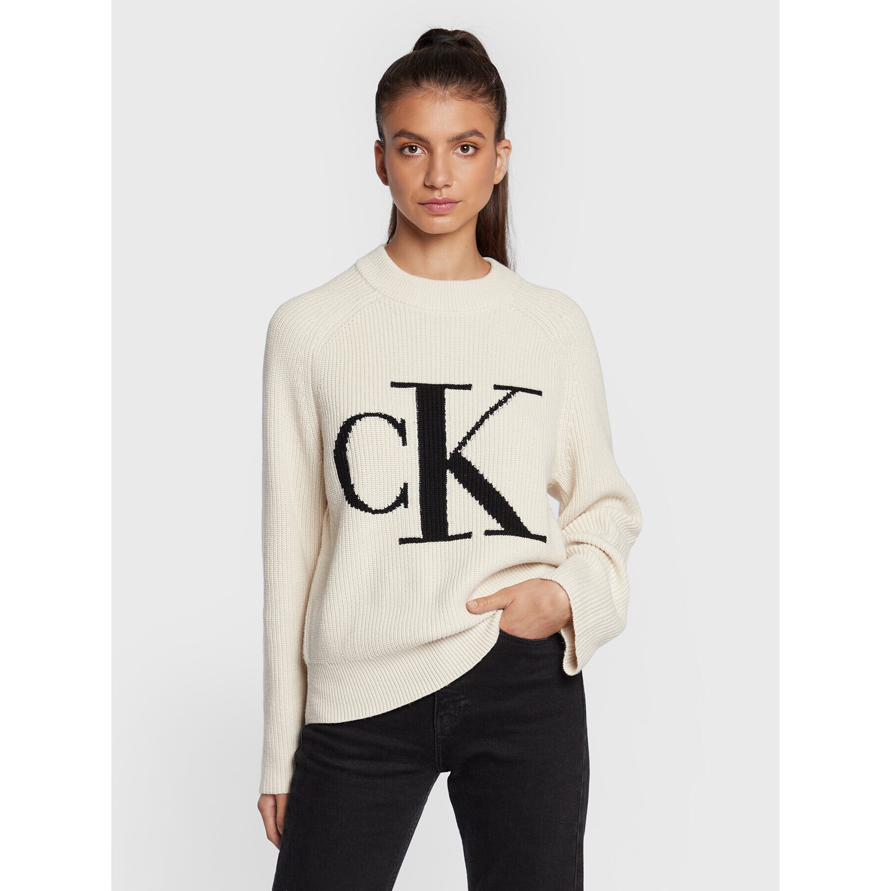 Calvin Klein Jeans Пуловер J20J219777 Бежов Relaxed Fit - Pepit.bg