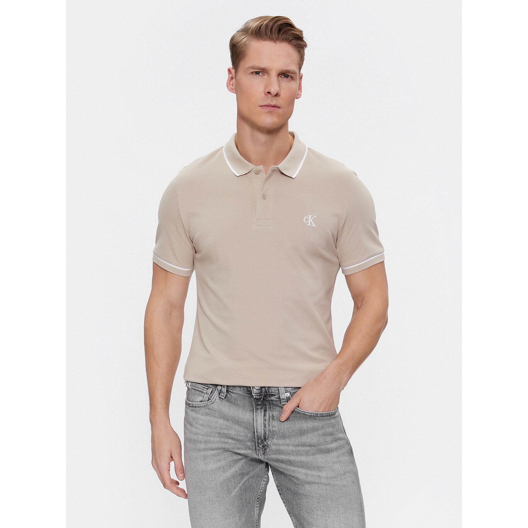 Calvin Klein Jeans Тениска с яка и копчета J30J315603 Бежов Slim Fit - Pepit.bg