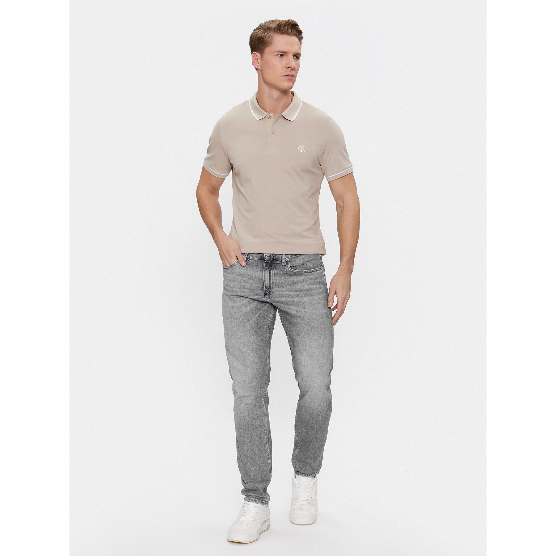 Calvin Klein Jeans Тениска с яка и копчета J30J315603 Бежов Slim Fit - Pepit.bg