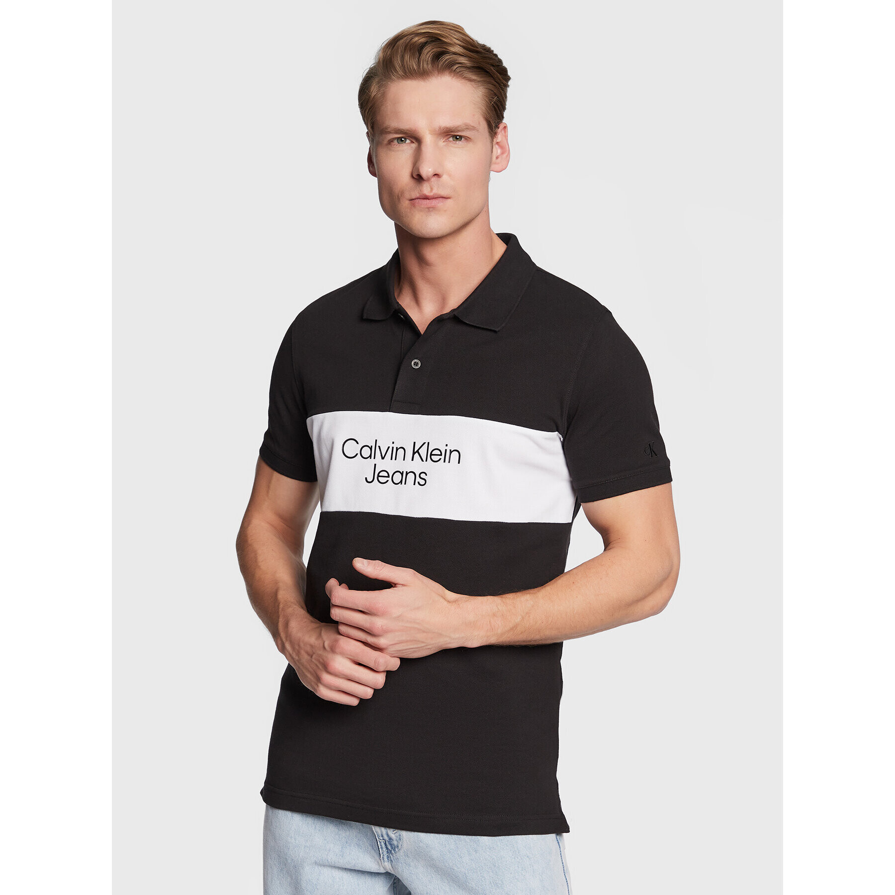 Calvin Klein Jeans Тениска с яка и копчета J30J322449 Черен Slim Fit - Pepit.bg