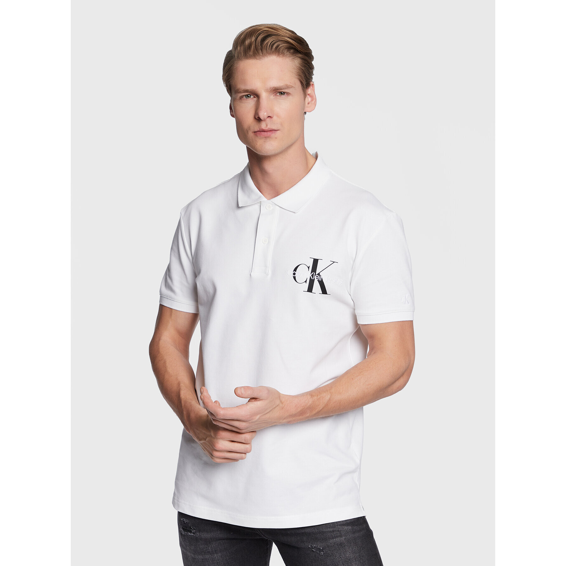 Calvin Klein Jeans Тениска с яка и копчета J30J322851 Бял Regular Fit - Pepit.bg