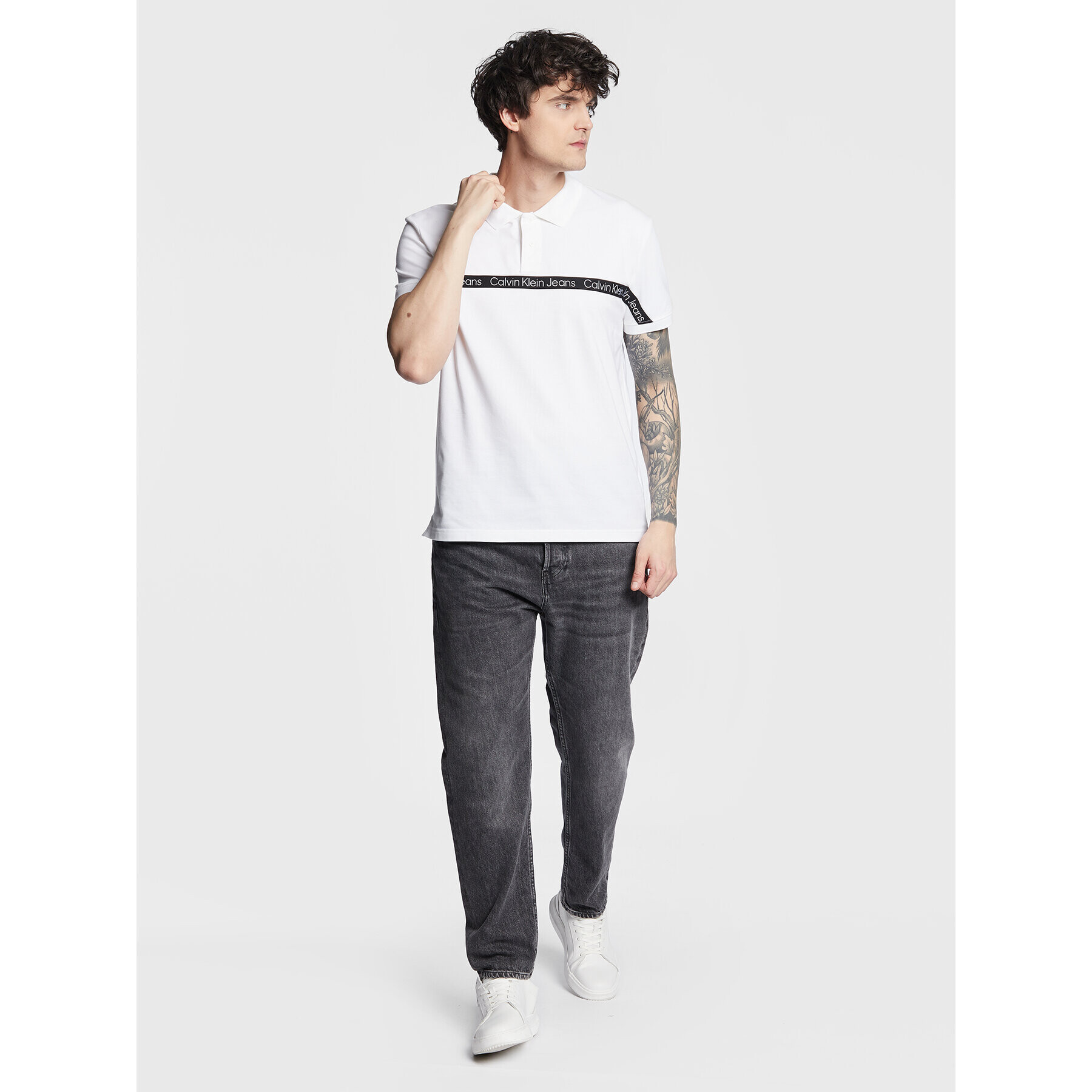 Calvin Klein Jeans Тениска с яка и копчета J30J322856 Бял Regular Fit - Pepit.bg