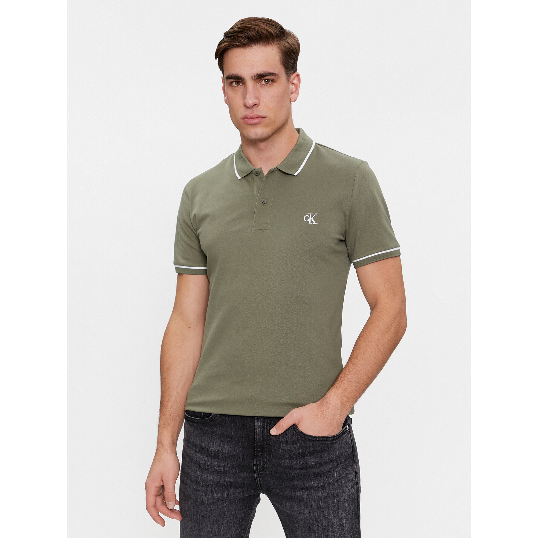 Calvin Klein Jeans Тениска с яка и копчета Tipping Slim Polo J30J315603 Зелен Regular Fit - Pepit.bg