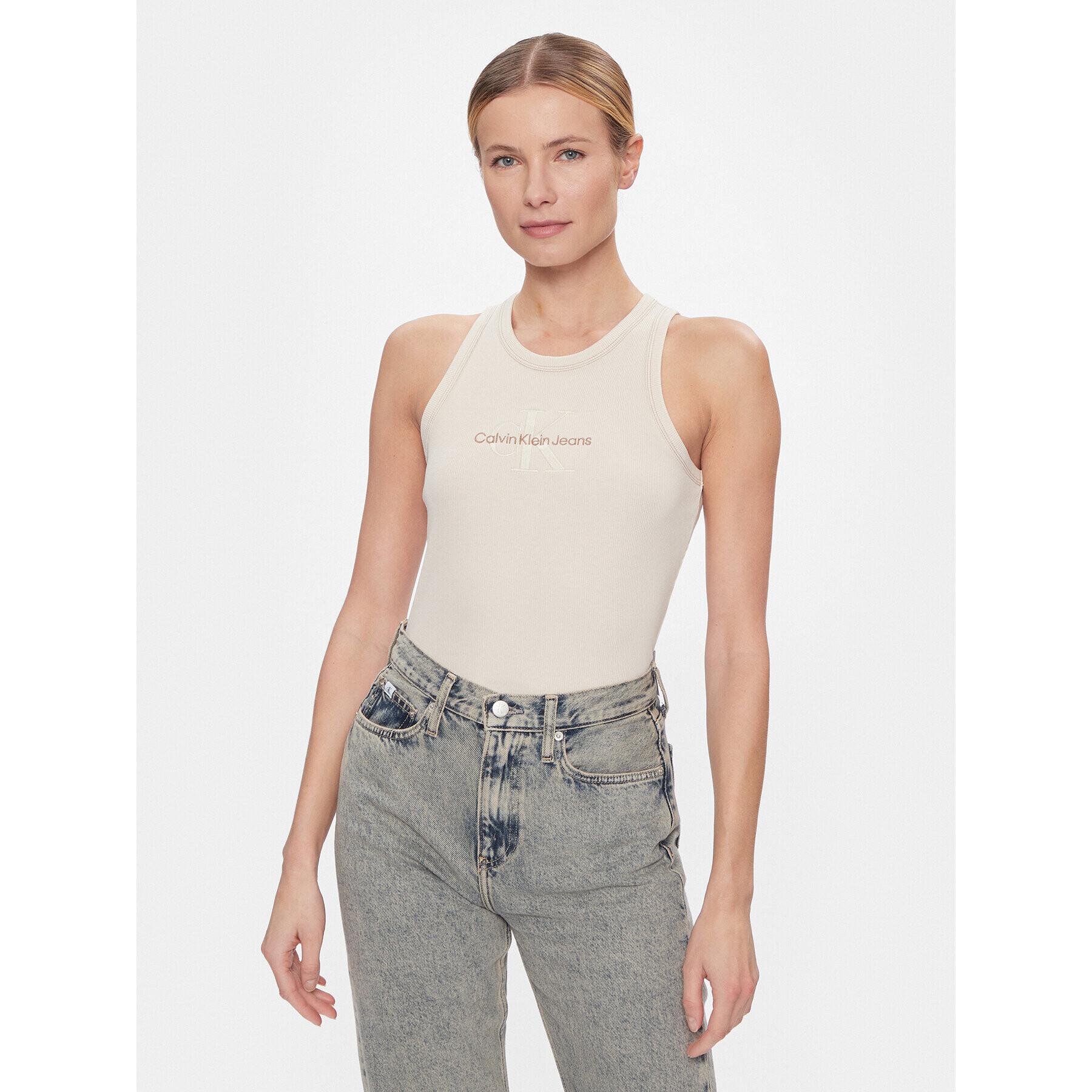 Calvin Klein Jeans топ Hero Monologo Rib Tank J20J222975 Екрю Regular Fit - Pepit.bg