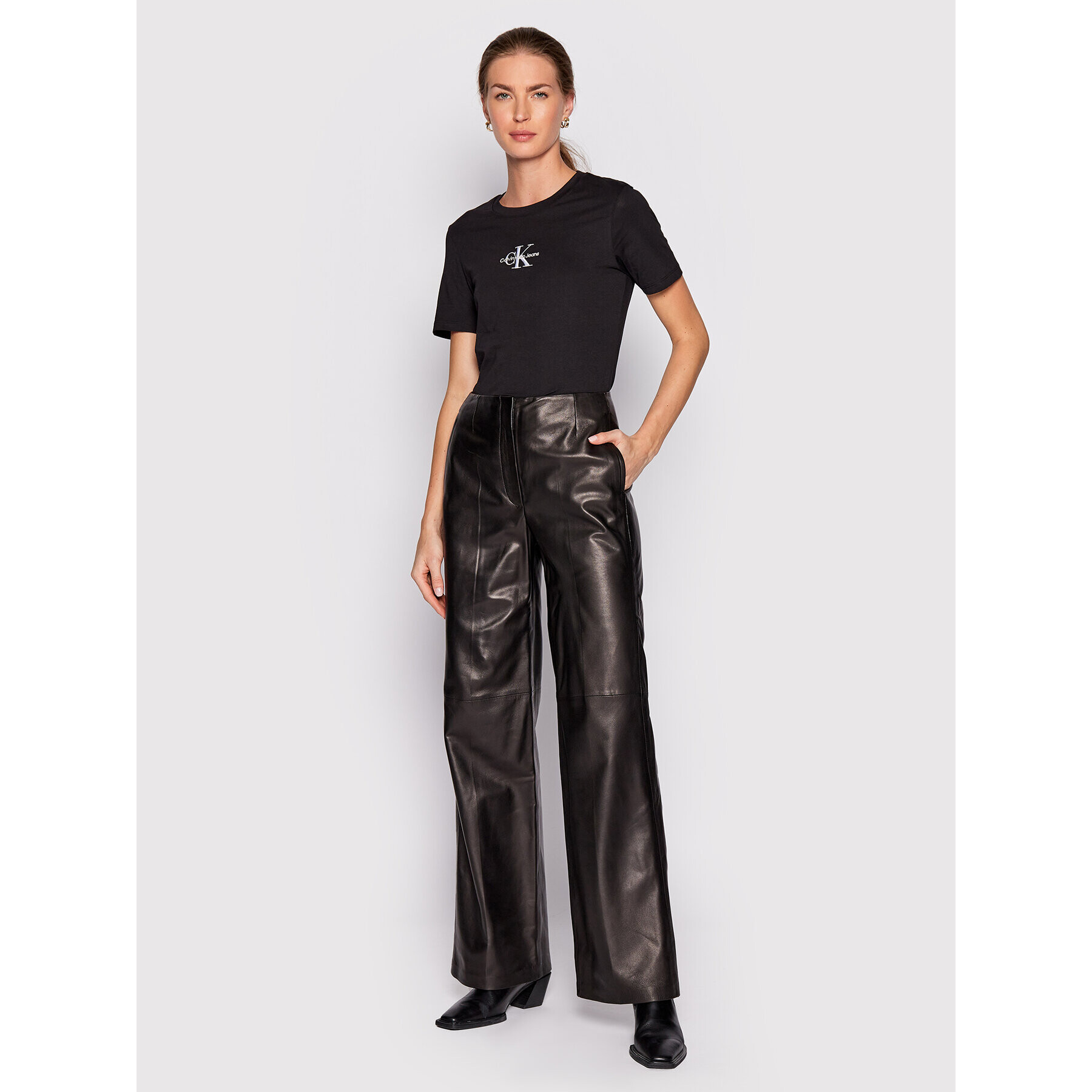 Calvin Klein Кожени панталони K20K204169 Черен Regular Fit - Pepit.bg