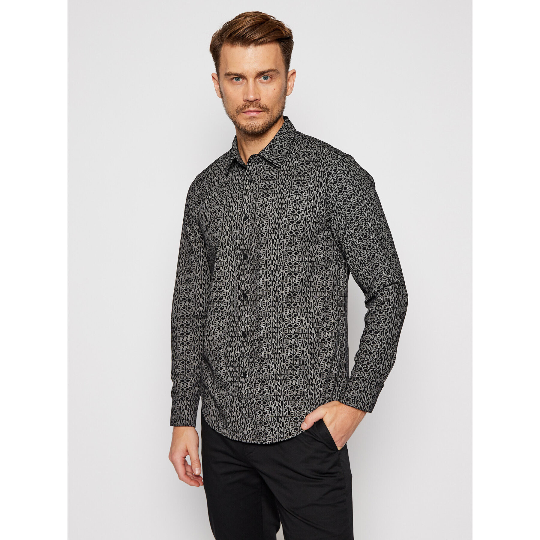 Calvin Klein Риза Liquid Twill Logo K10K105988 Черен Regular Fit - Pepit.bg