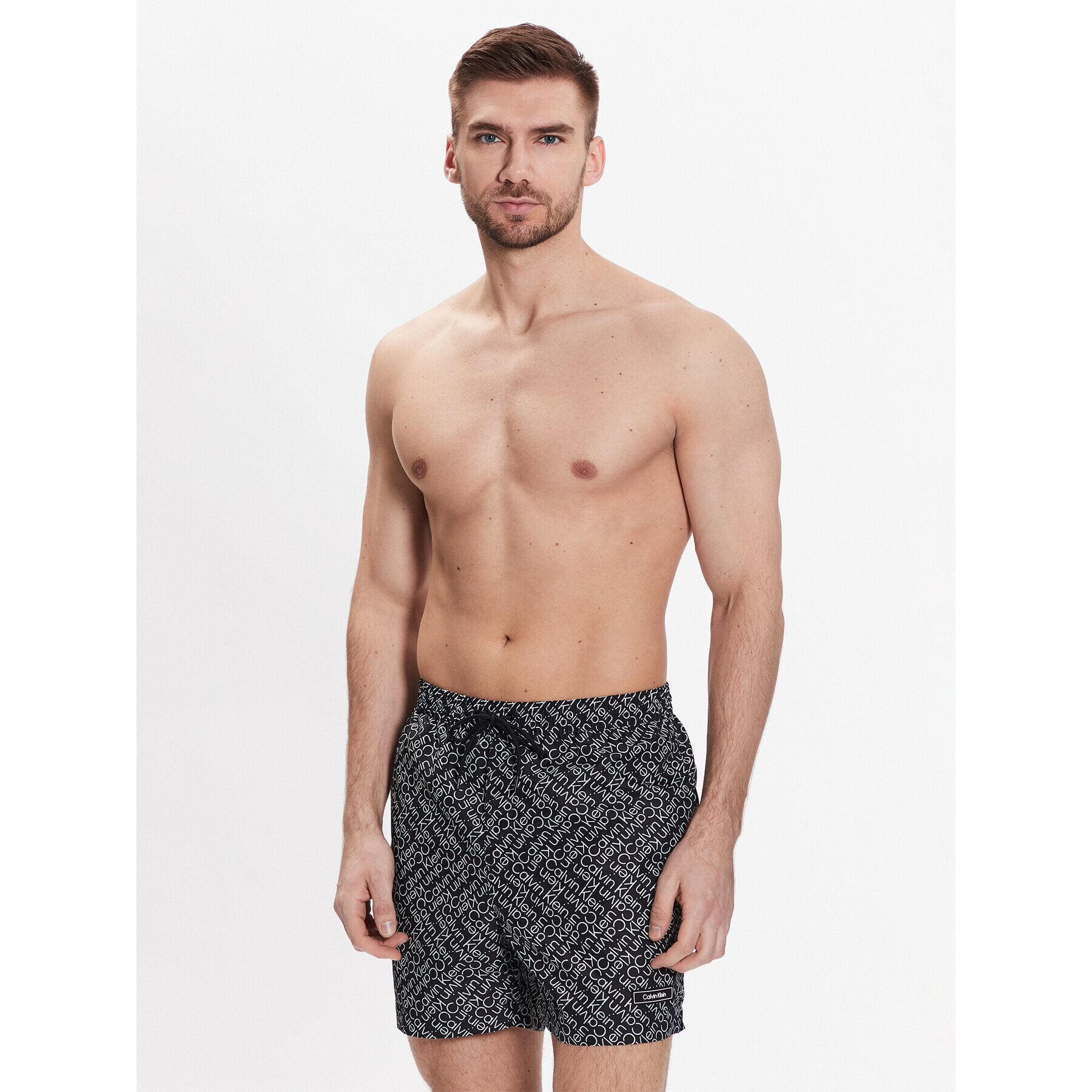 Calvin Klein Swimwear Плувни шорти Medium Drawstring Print KM0KM00813 Черен Regular Fit - Pepit.bg