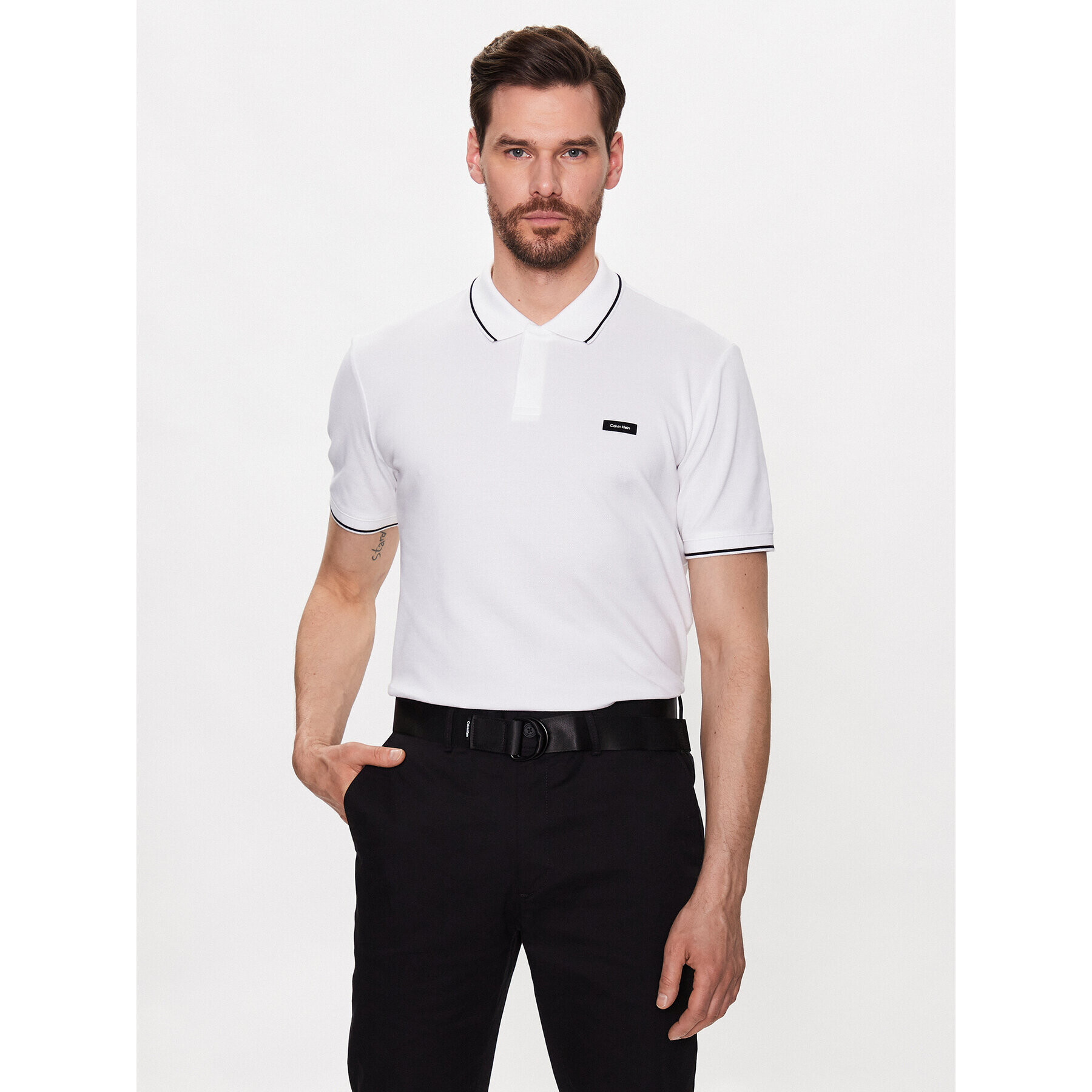 Calvin Klein Тениска с яка и копчета K10K110596 Бял Slim Fit - Pepit.bg