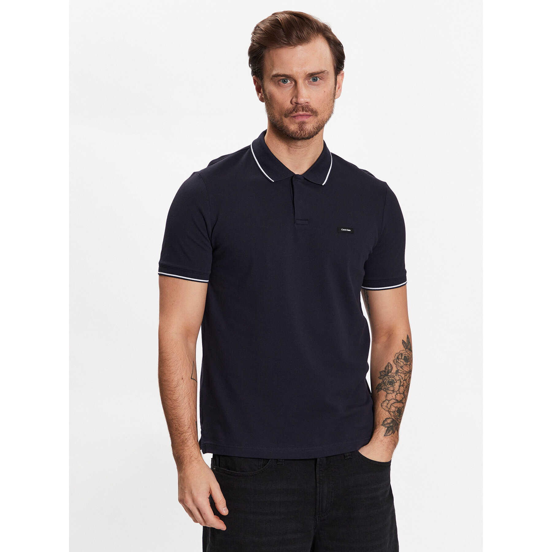 Calvin Klein Тениска с яка и копчета K10K110596 Тъмносин Slim Fit - Pepit.bg