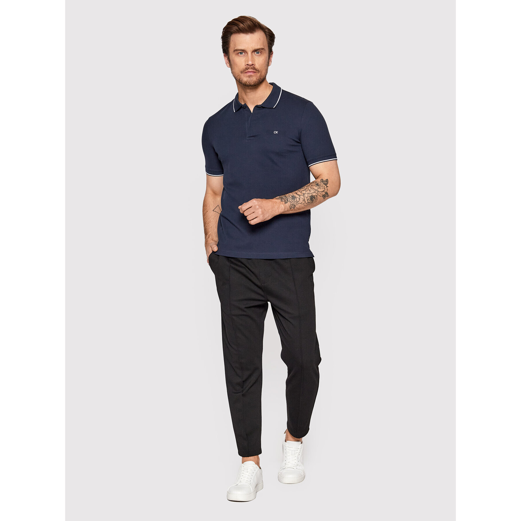 Calvin Klein Тениска с яка и копчета Pique Tipping K10K108728 Тъмносин Slim Fit - Pepit.bg