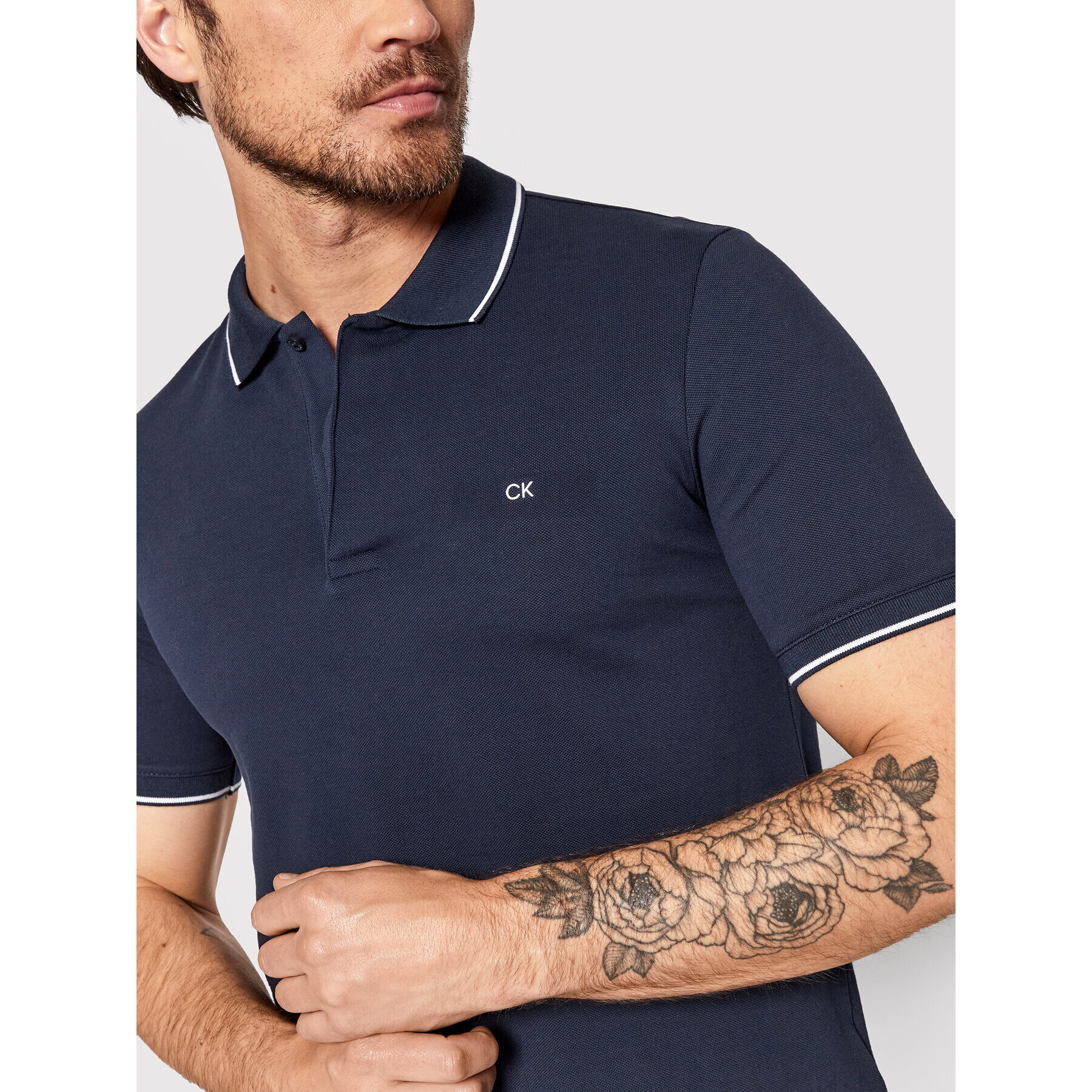 Calvin Klein Тениска с яка и копчета Pique Tipping K10K108728 Тъмносин Slim Fit - Pepit.bg