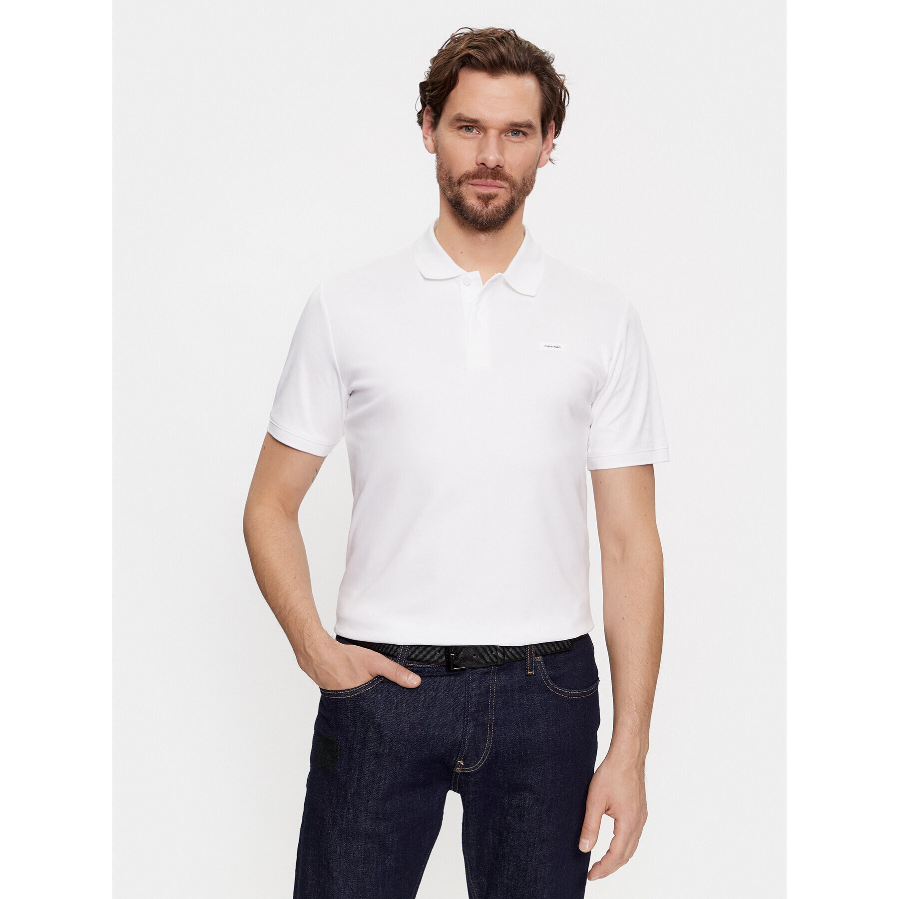 Calvin Klein Тениска с яка и копчета Smooth Cotton Slim Polo K10K111657 Бял Regular Fit - Pepit.bg