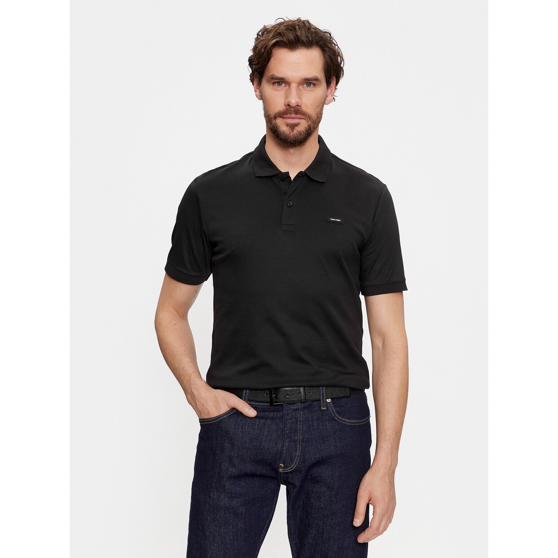 Calvin Klein Тениска с яка и копчета Smooth Cotton Slim Polo K10K111657 Черен Regular Fit - Pepit.bg