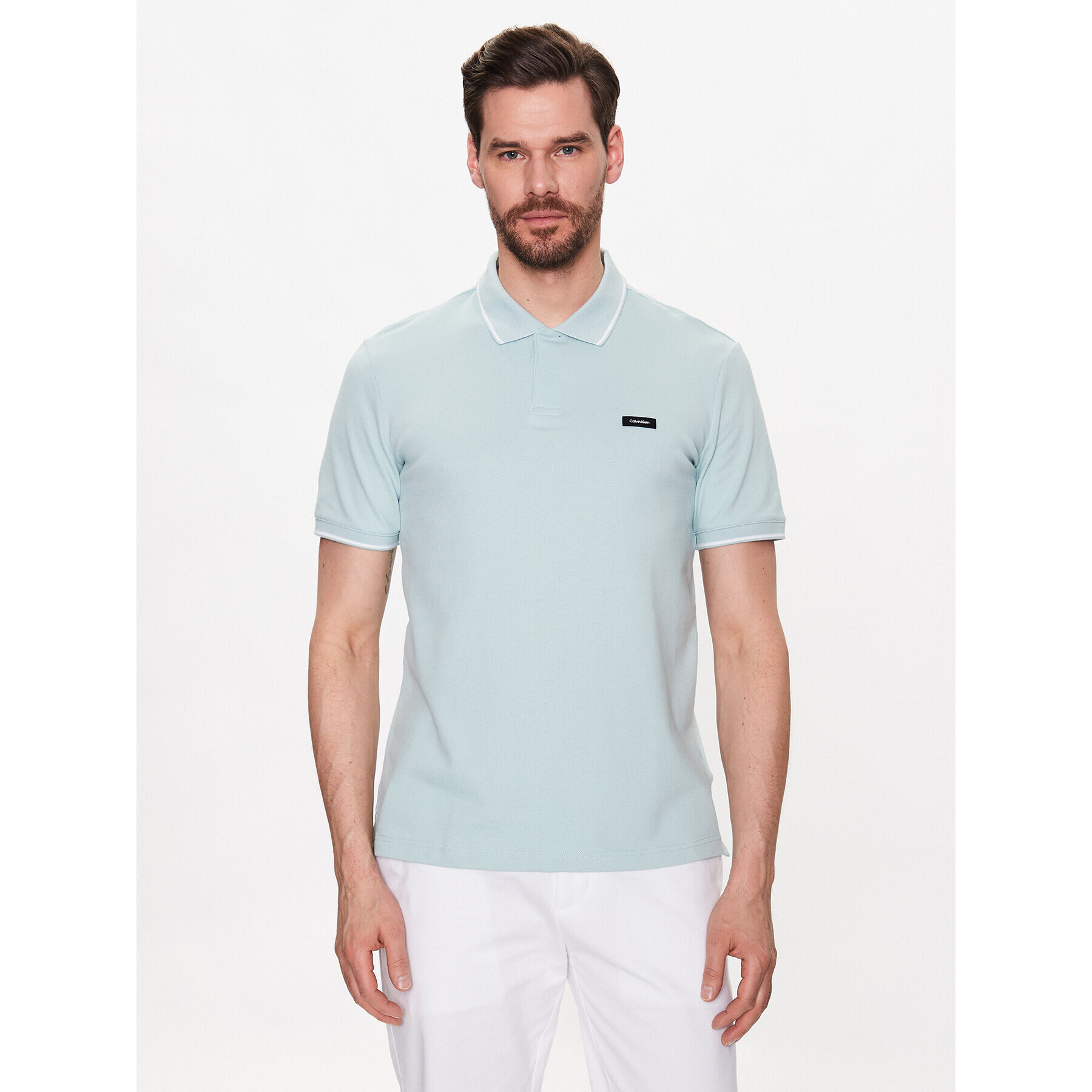 Calvin Klein Тениска с яка и копчета Stretch Pique Tipping Slim Polo K10K110596 Син Slim Fit - Pepit.bg