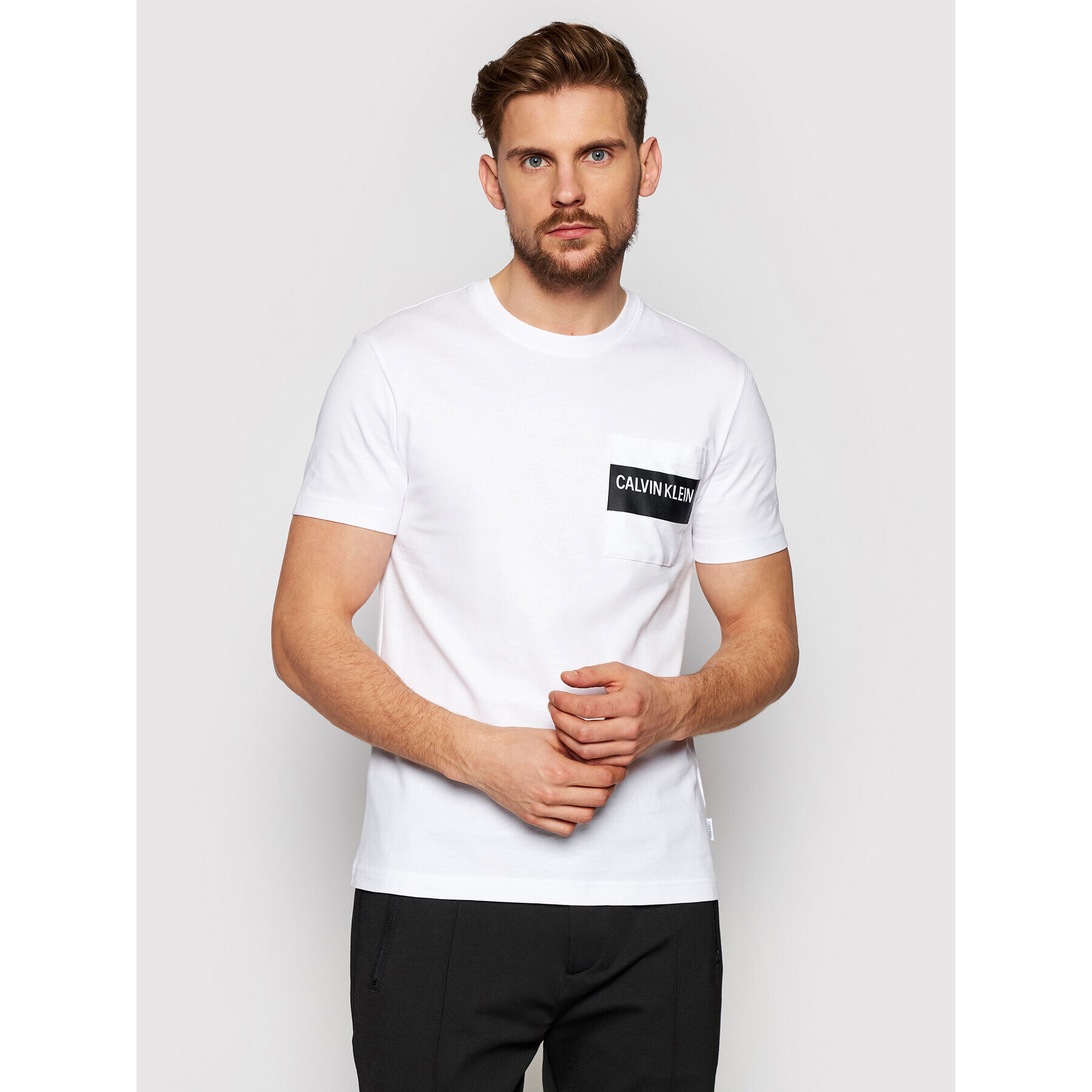 Calvin Klein Тишърт Bold Stripe Pocket K10K106531 Бял Regular Fit - Pepit.bg