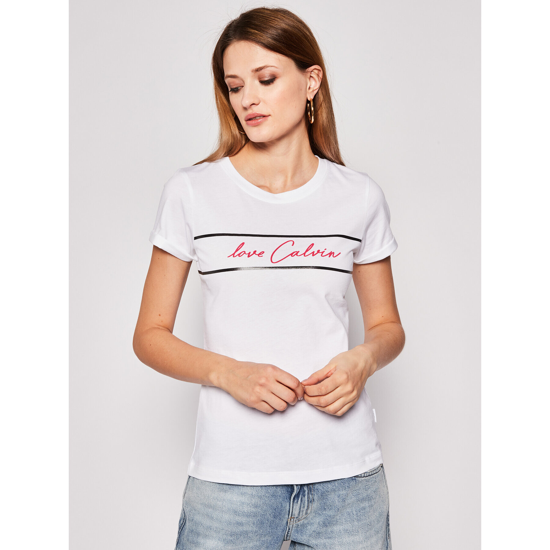 Calvin Klein Тишърт Love Stripe K20K201857 Бял Regular Fit - Pepit.bg
